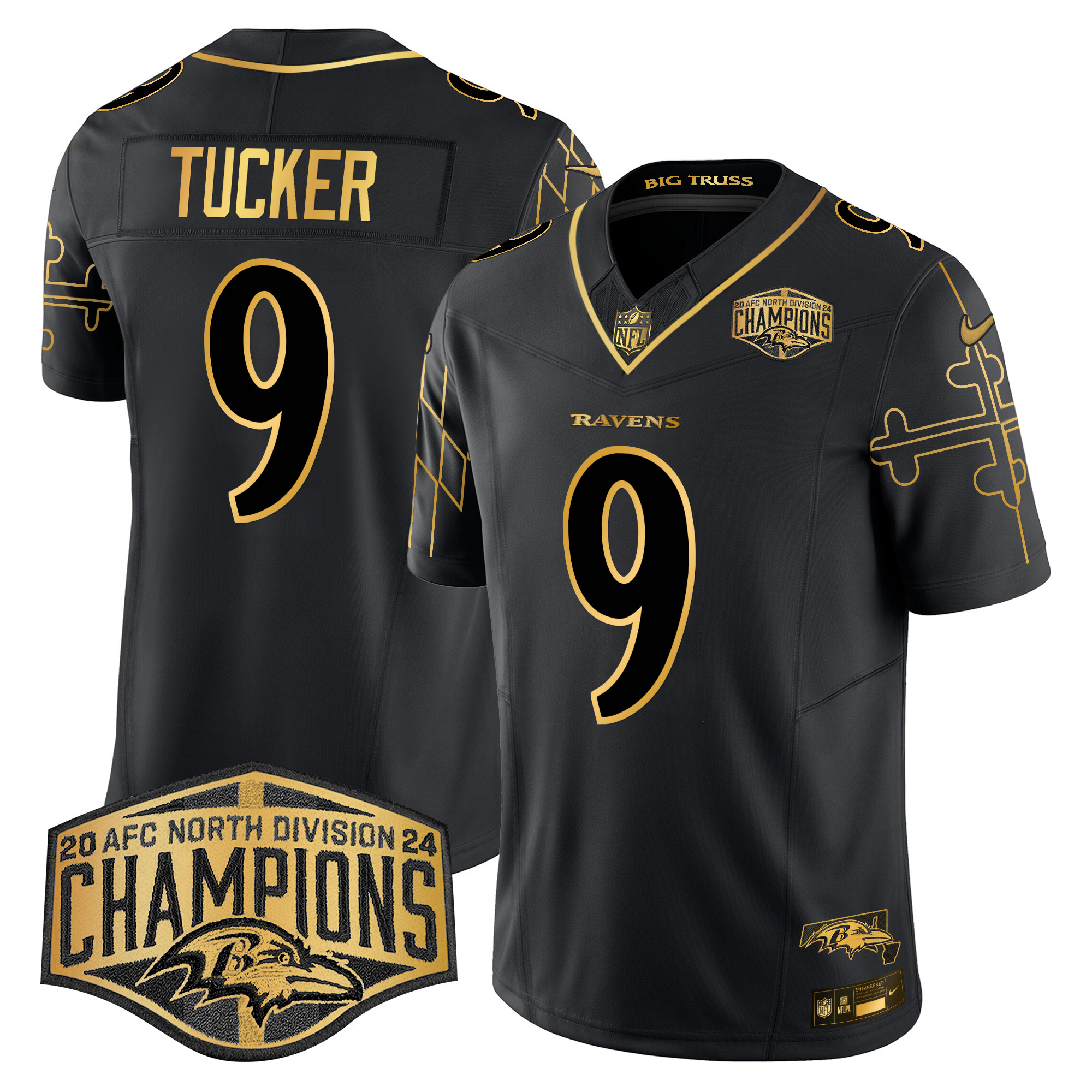 Men's Justin Tucker Baltimore Ravens Maryland Flag Map 2024 AFC North Division Champions Patch Gold Vapor Limited Black Gold Jersey - All Stitched