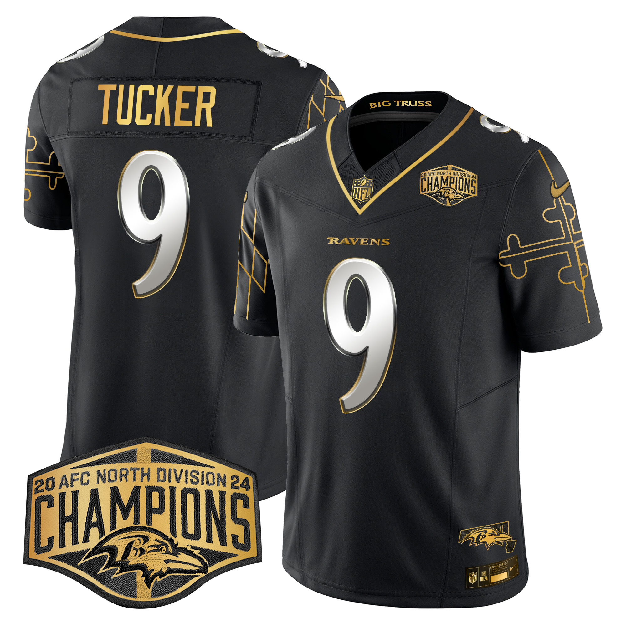 Men's Justin Tucker Baltimore Ravens Maryland Flag Map 2024 AFC North Division Champions Patch Gold Vapor Limited Black Limited Jersey - All Stitched