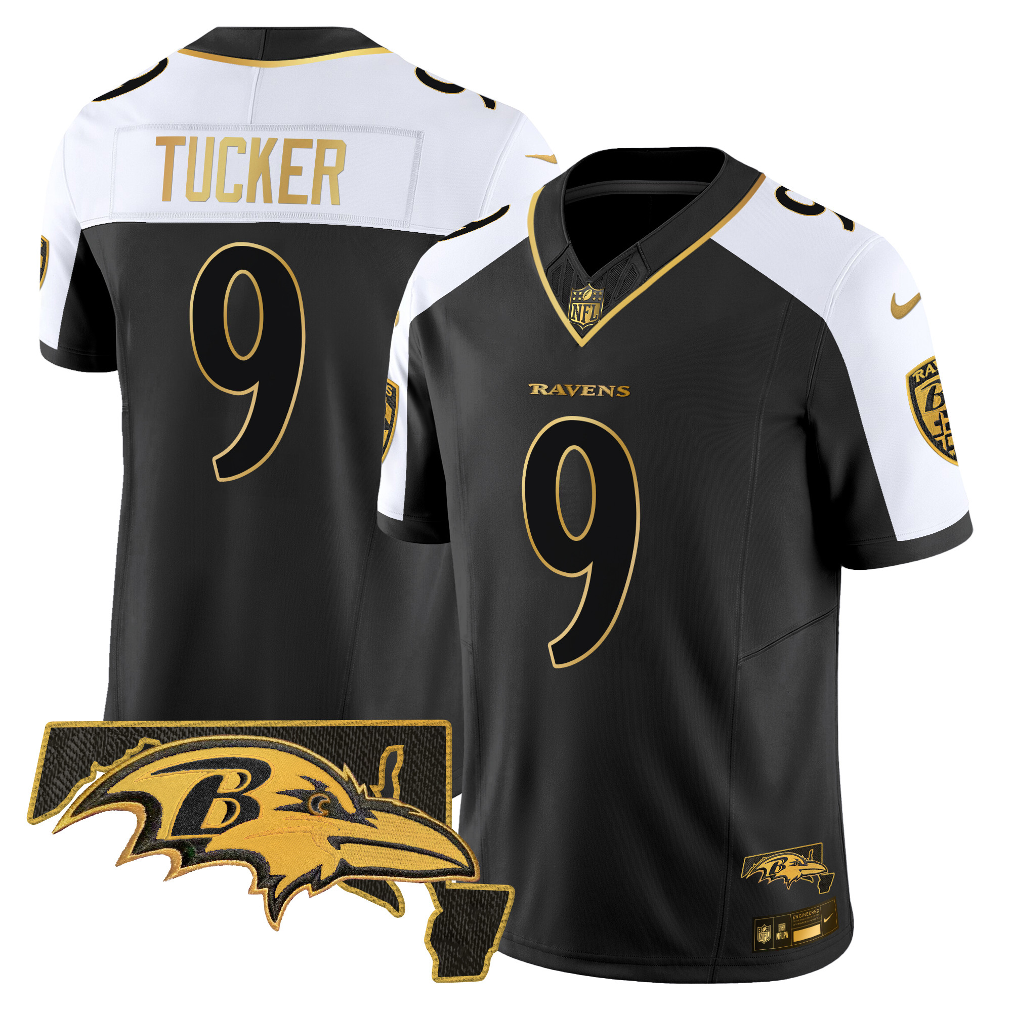 Men's Justin Tucker Baltimore Ravens Maryland Flag Map Patch Gold Vapor Limited Alternate Jersey - All Stitched