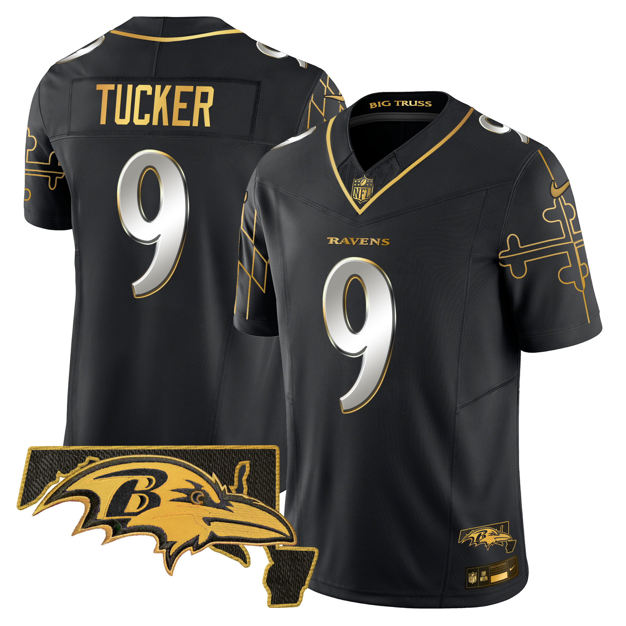 Men's Justin Tucker Baltimore Ravens Maryland Flag Map Patch Gold Vapor Limited Black Limited Jersey - All Stitched