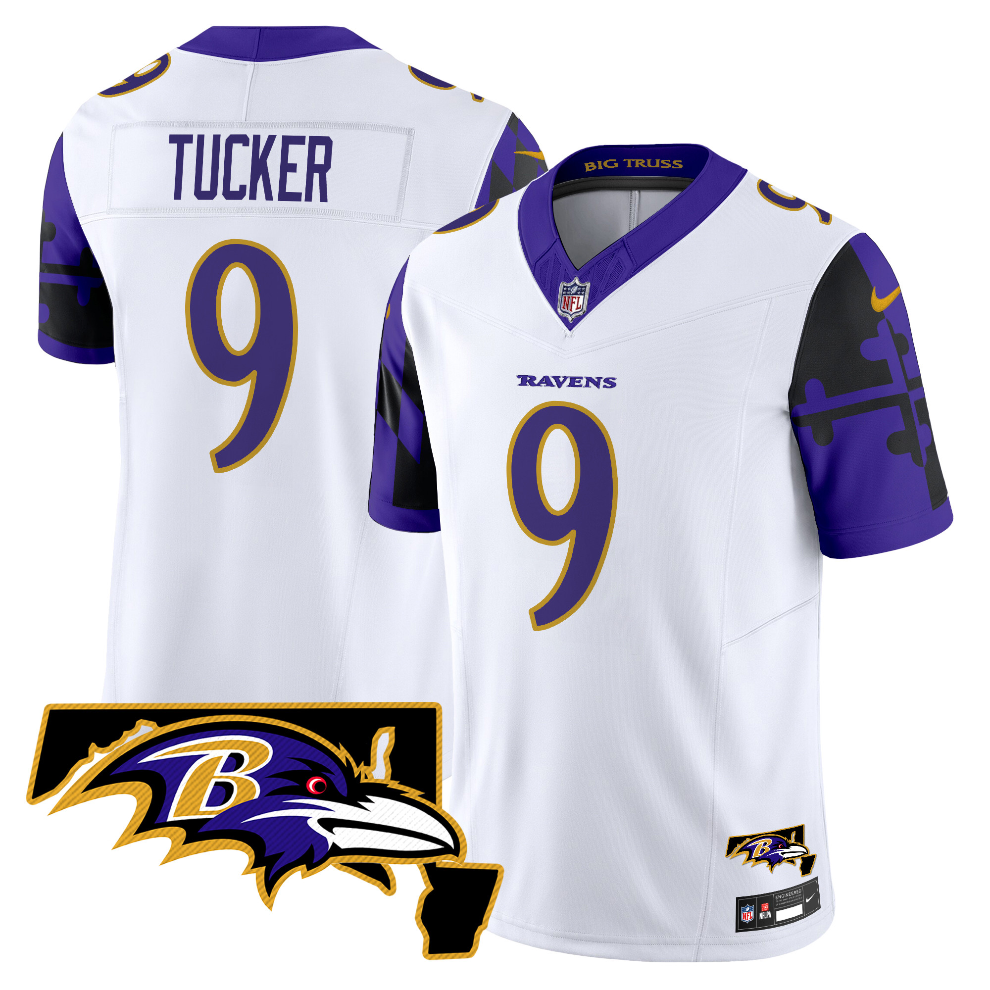 Men's Justin Tucker Baltimore Ravens Maryland Flag Map Patch Vapor Limited White Jersey - All Stitched
