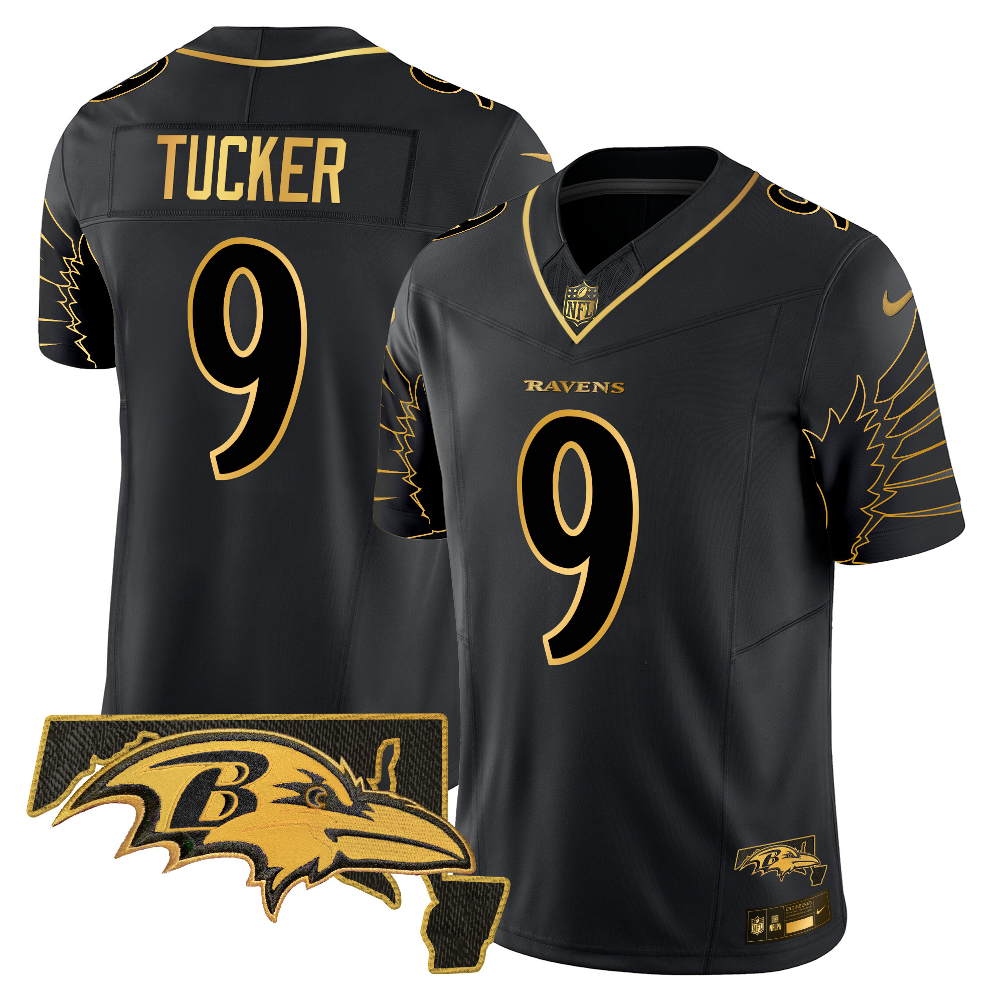 Men's Justin Tucker Baltimore Ravens Maryland Patch Gold Vapor Limited Black Gold Jersey - All Stitched