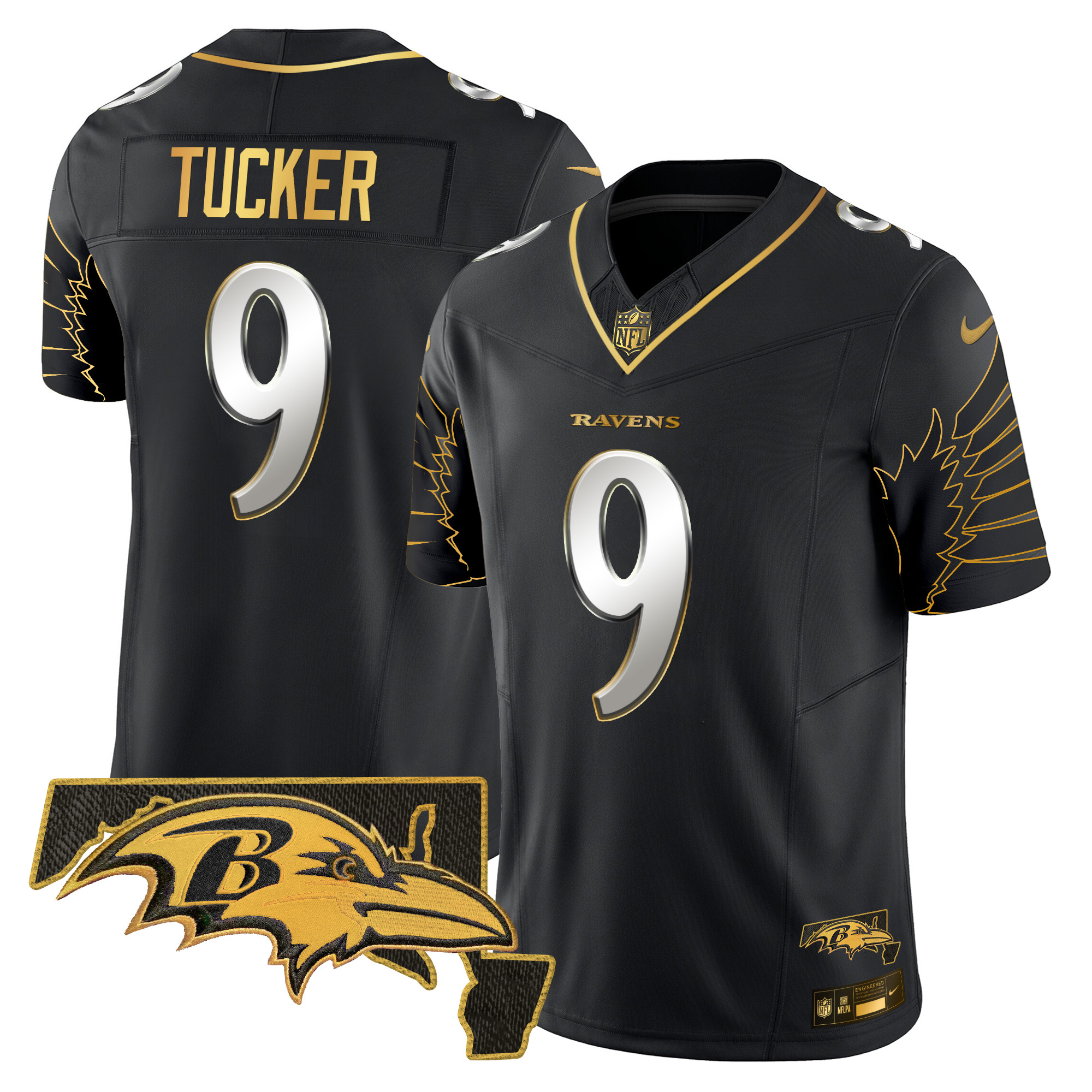 Men's Justin Tucker Baltimore Ravens Maryland Patch Gold Vapor Limited Black Limited Jersey - All Stitched