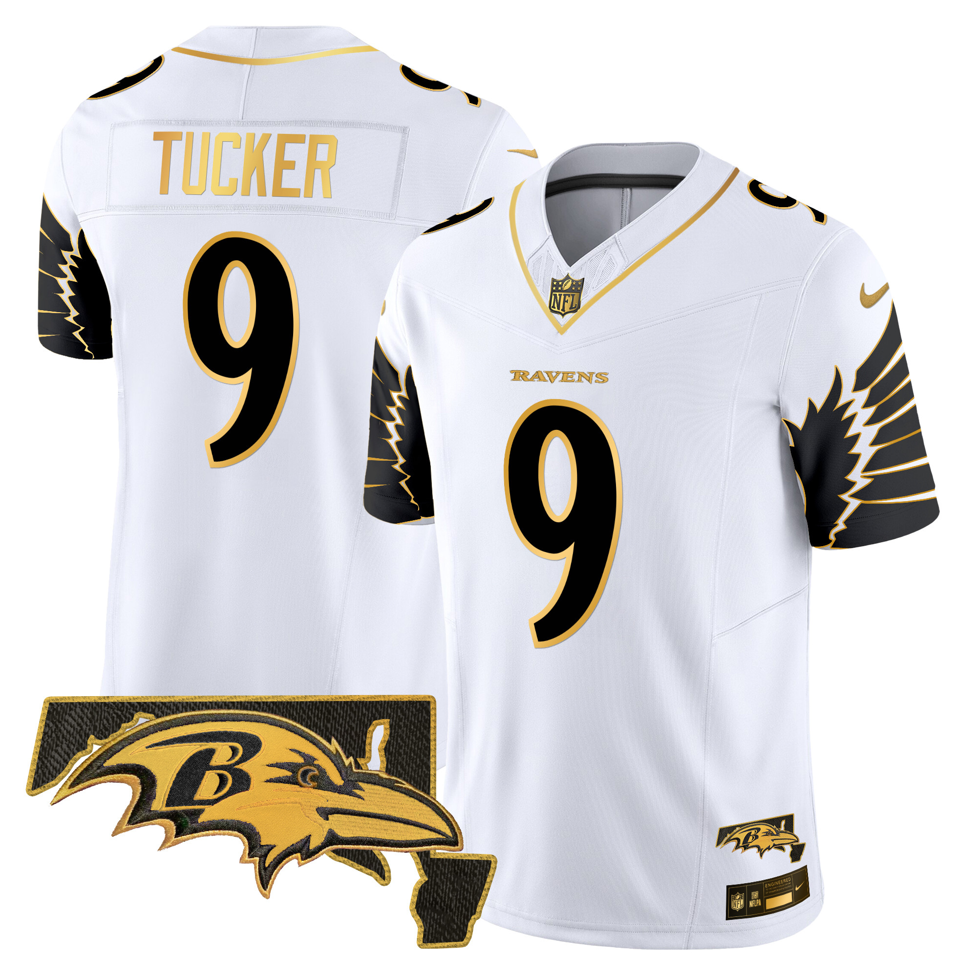 Men's Justin Tucker Baltimore Ravens Maryland Patch Gold Vapor Limited White Gold Jersey - All Stitched
