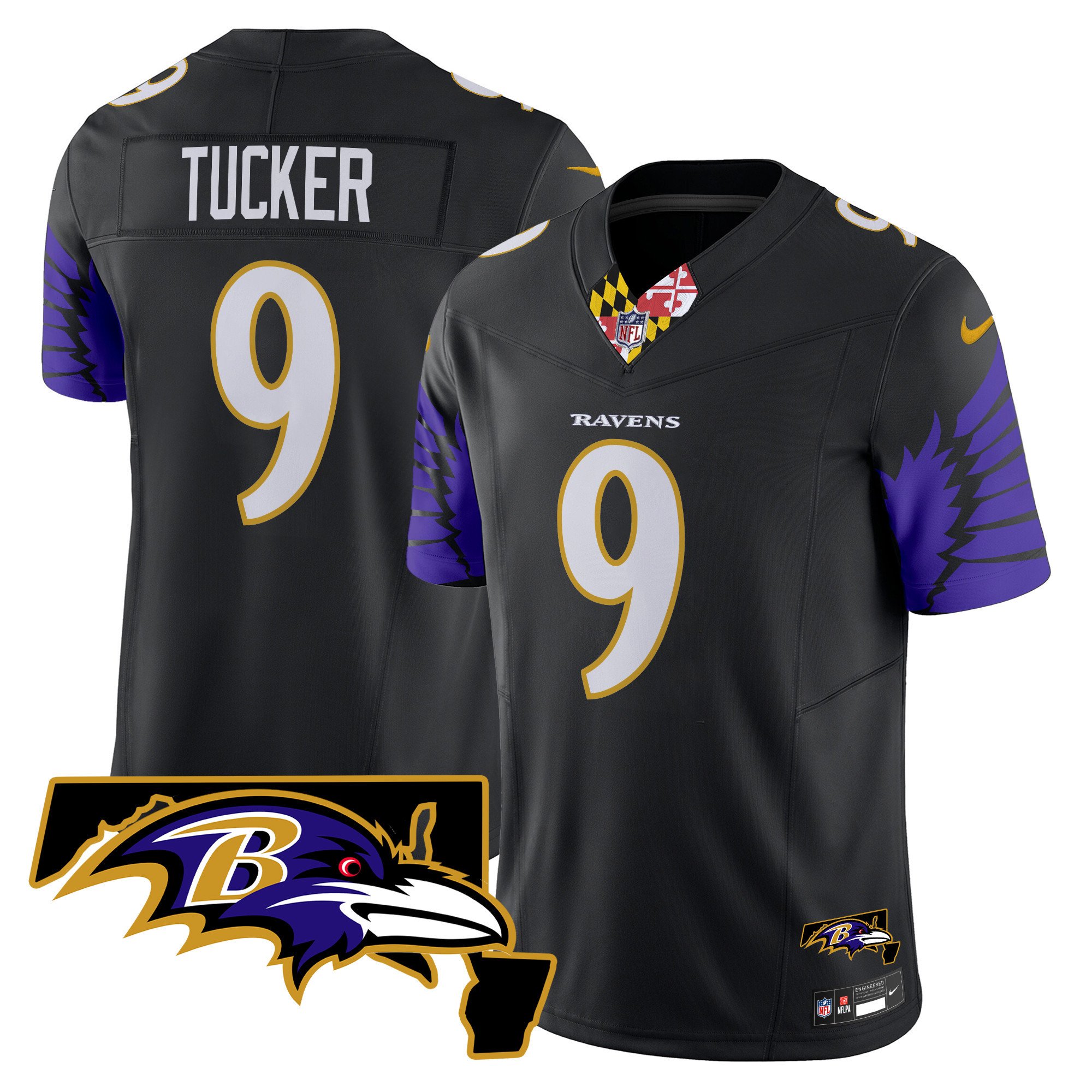 Men's Justin Tucker Baltimore Ravens Maryland Patch Vapor Limited Black Jersey V2 - All Stitched