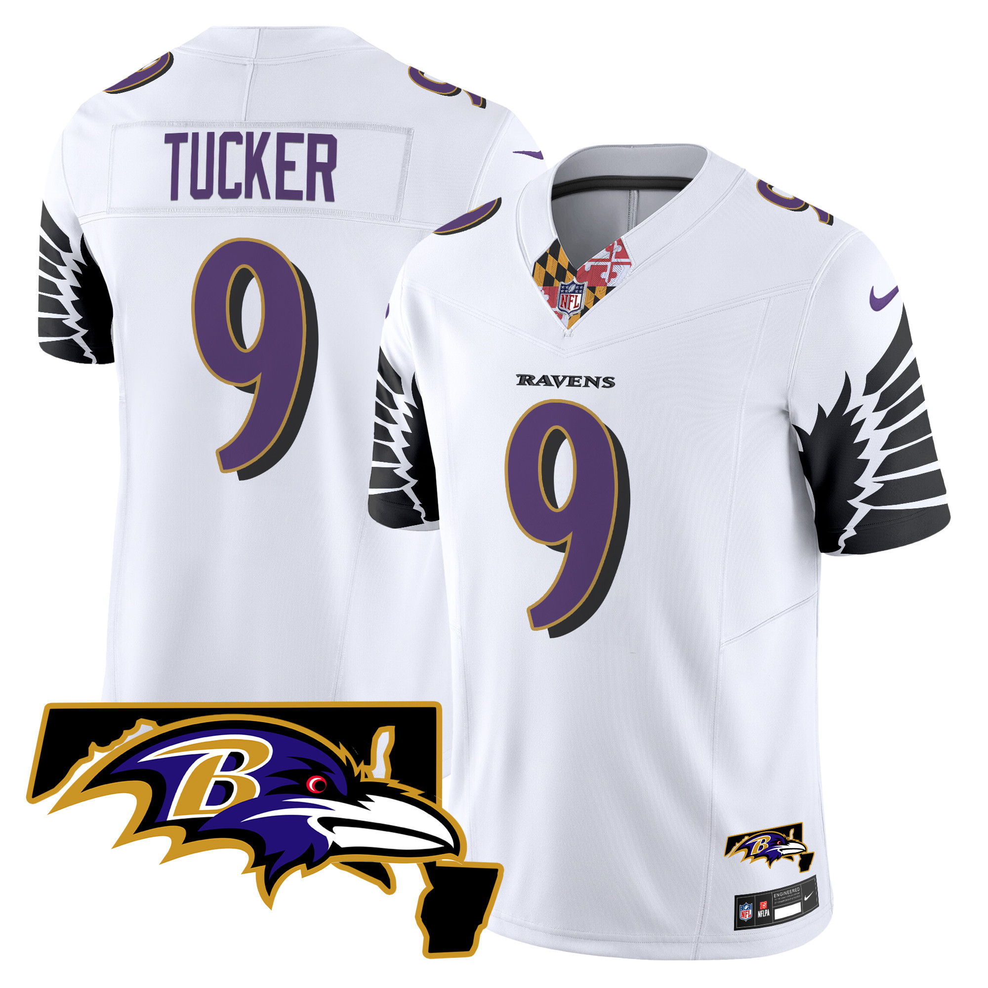 Men's Justin Tucker Baltimore Ravens Maryland Patch Vapor Limited White Jersey - All Stitched