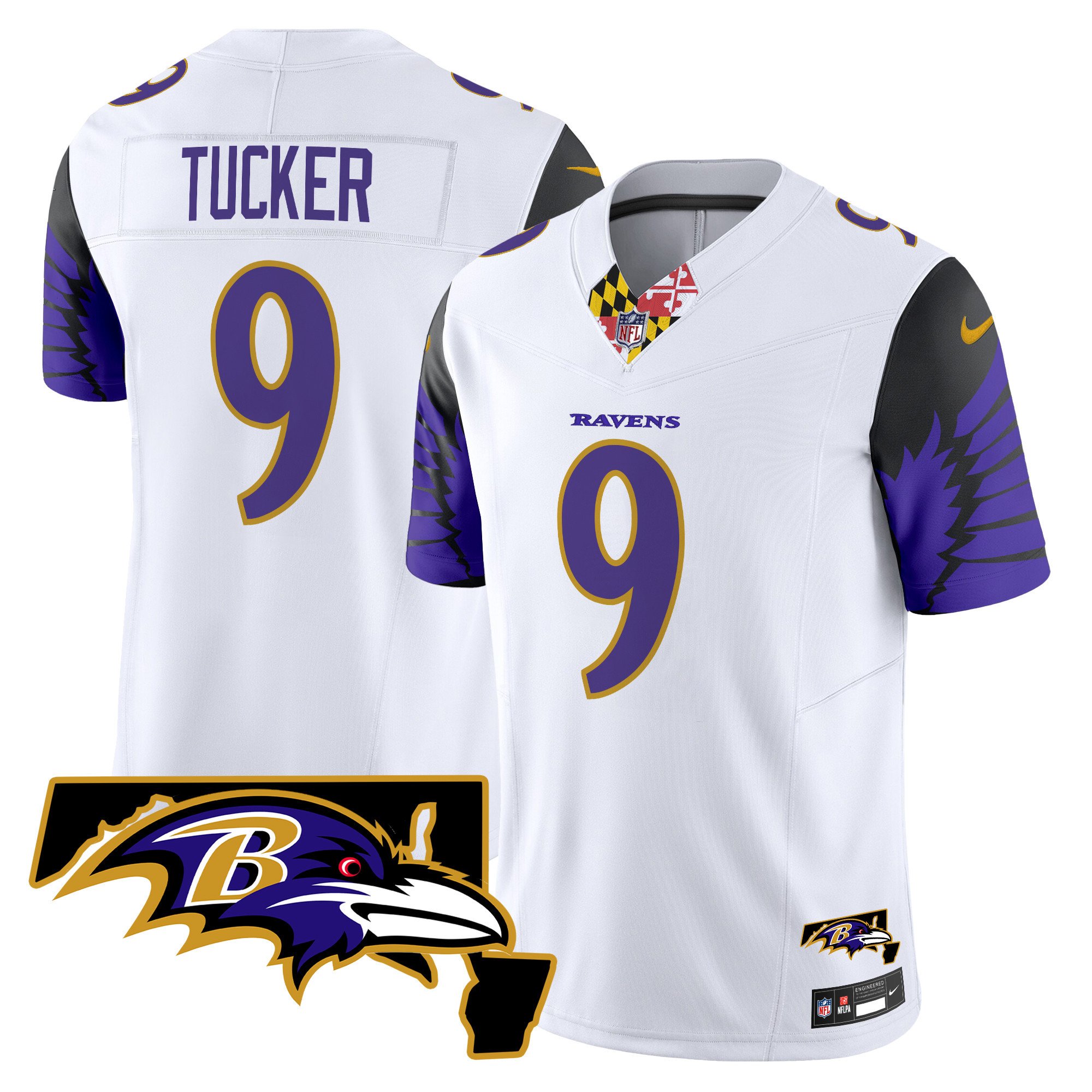 Men's Justin Tucker Baltimore Ravens Maryland Patch Vapor Limited White Jersey V2 - All Stitched