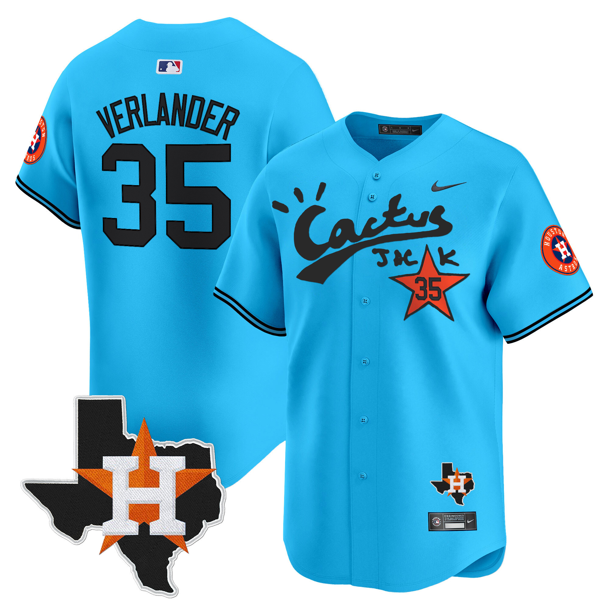 Men's Justin Verlander Houston Astros Cactus Jack Patch Vapor Premier Limited Light Blue Jersey V11 - Stitched