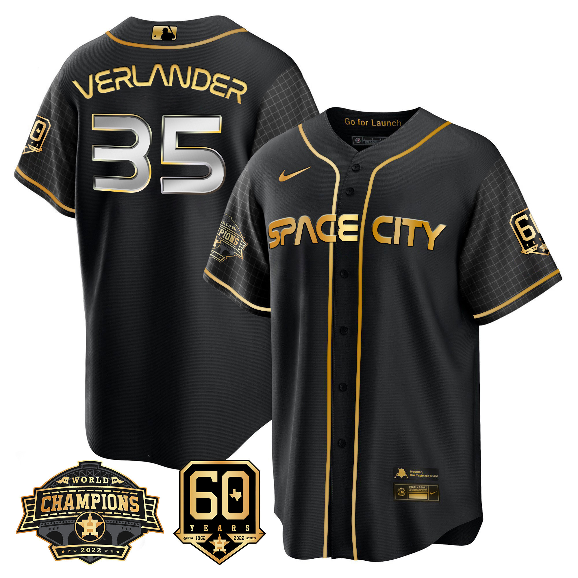 Men's Justin Verlander Houston Astros Space City 2022 Champions & 60th Anniversary Patch Cool Black Jersey ñ All Stitched