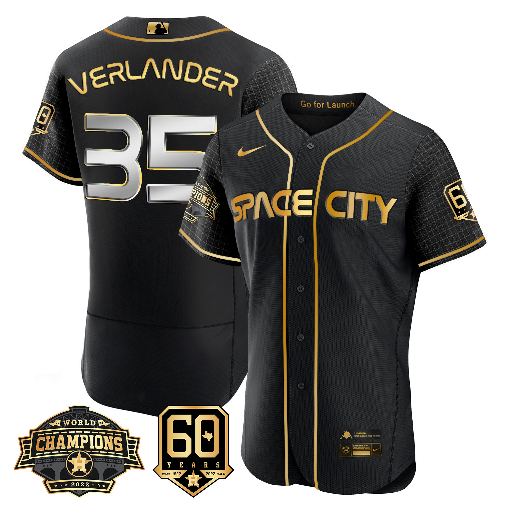 Men's Justin Verlander Houston Astros Space City 2022 Champions & 60th Anniversary Patch Flex Black Jersey ñ All Stitched