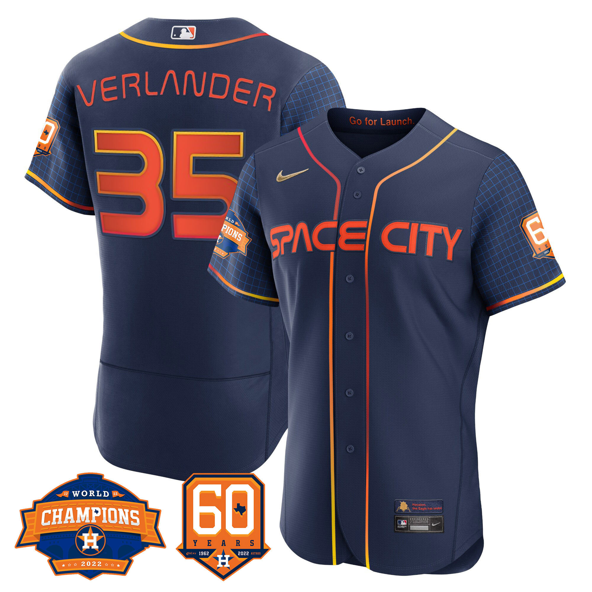 Men's Justin Verlander Houston Astros Space City 2022 Champions & 60th Anniversary Patch Flex Navy Jersey ñ All Stitched