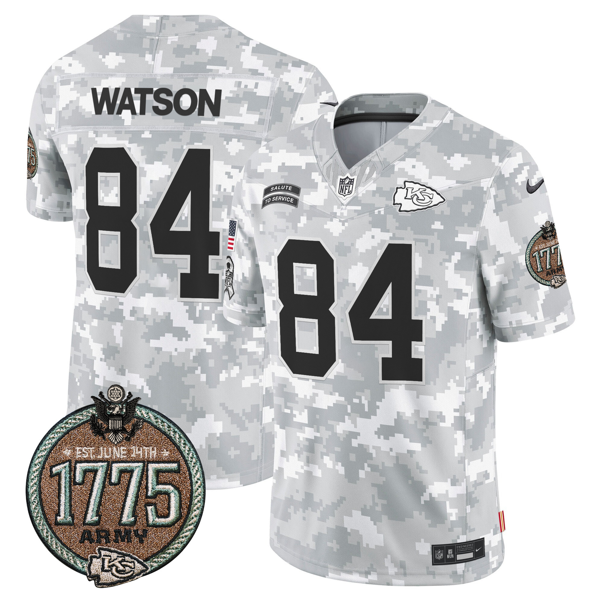 Men's Justin Watson Kansas City Chiefs 2024 Salute to Service Establishment Year Patch Vapor Limited Army Jersey - All Stitched