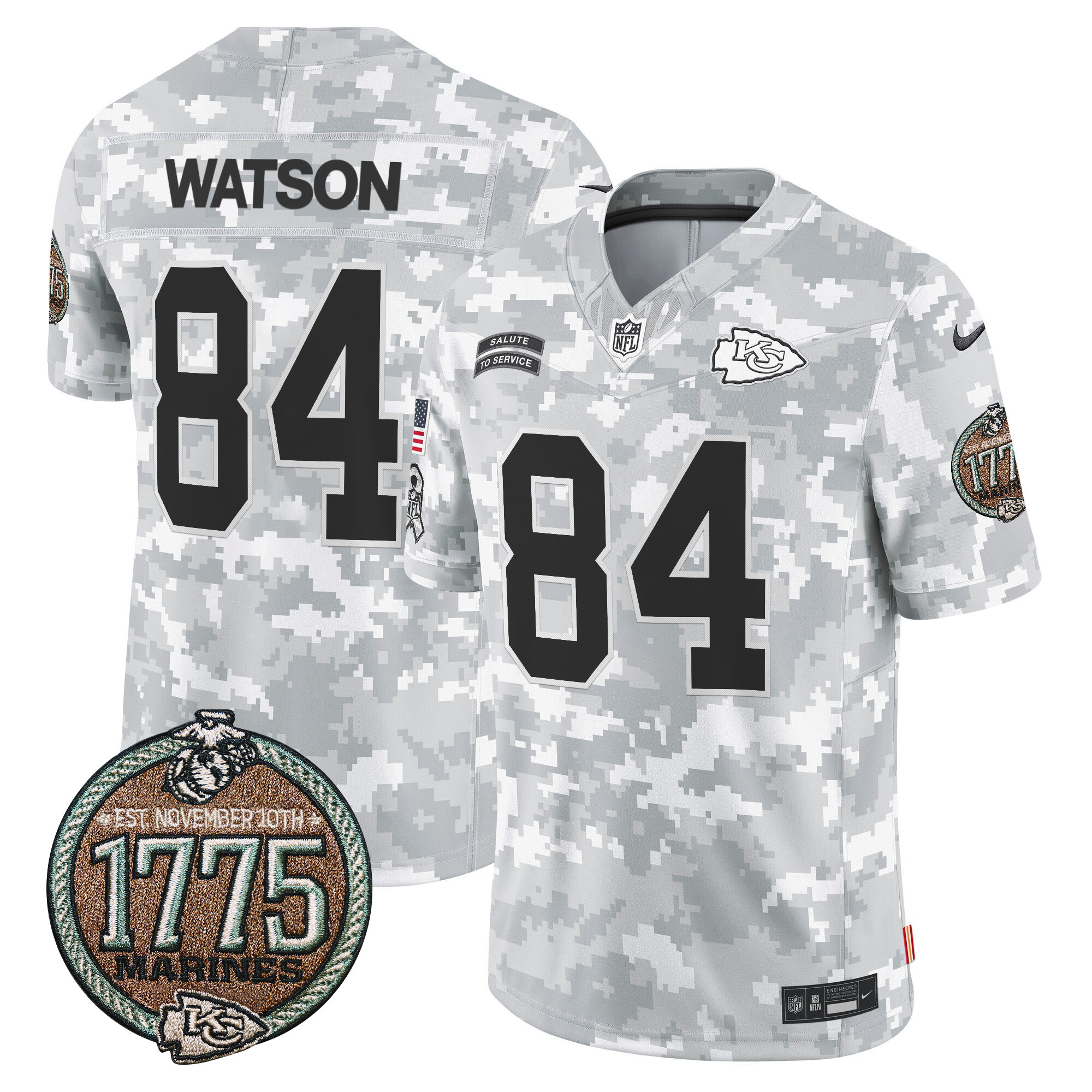Men's Justin Watson Kansas City Chiefs 2024 Salute to Service Establishment Year Patch Vapor Limited Marines Jersey - All Stitched