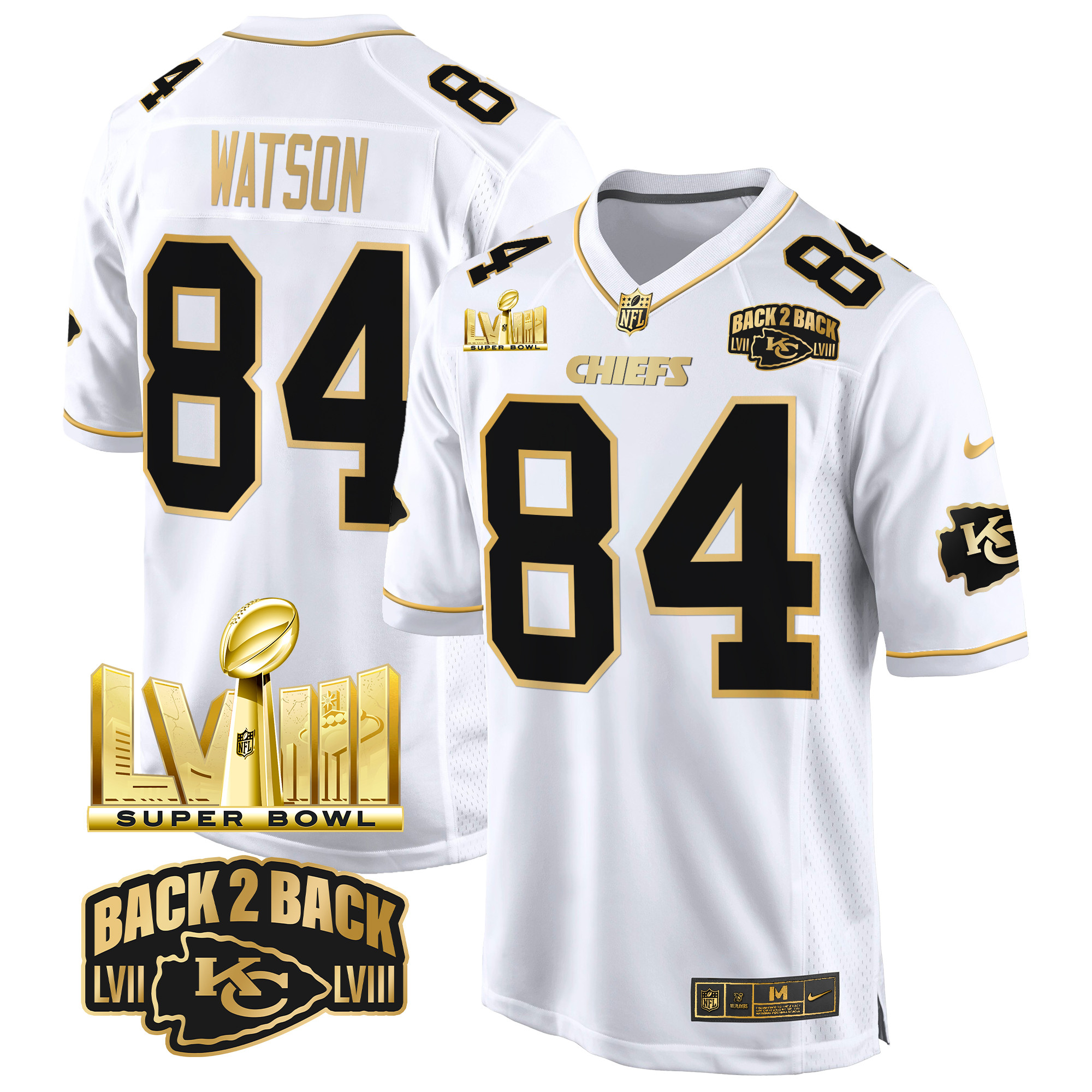 Men's Justin Watson Kansas City Chiefs Super Bowl LVIII & Back 2 Back Gold Game White Gold Jersey - All Stitched