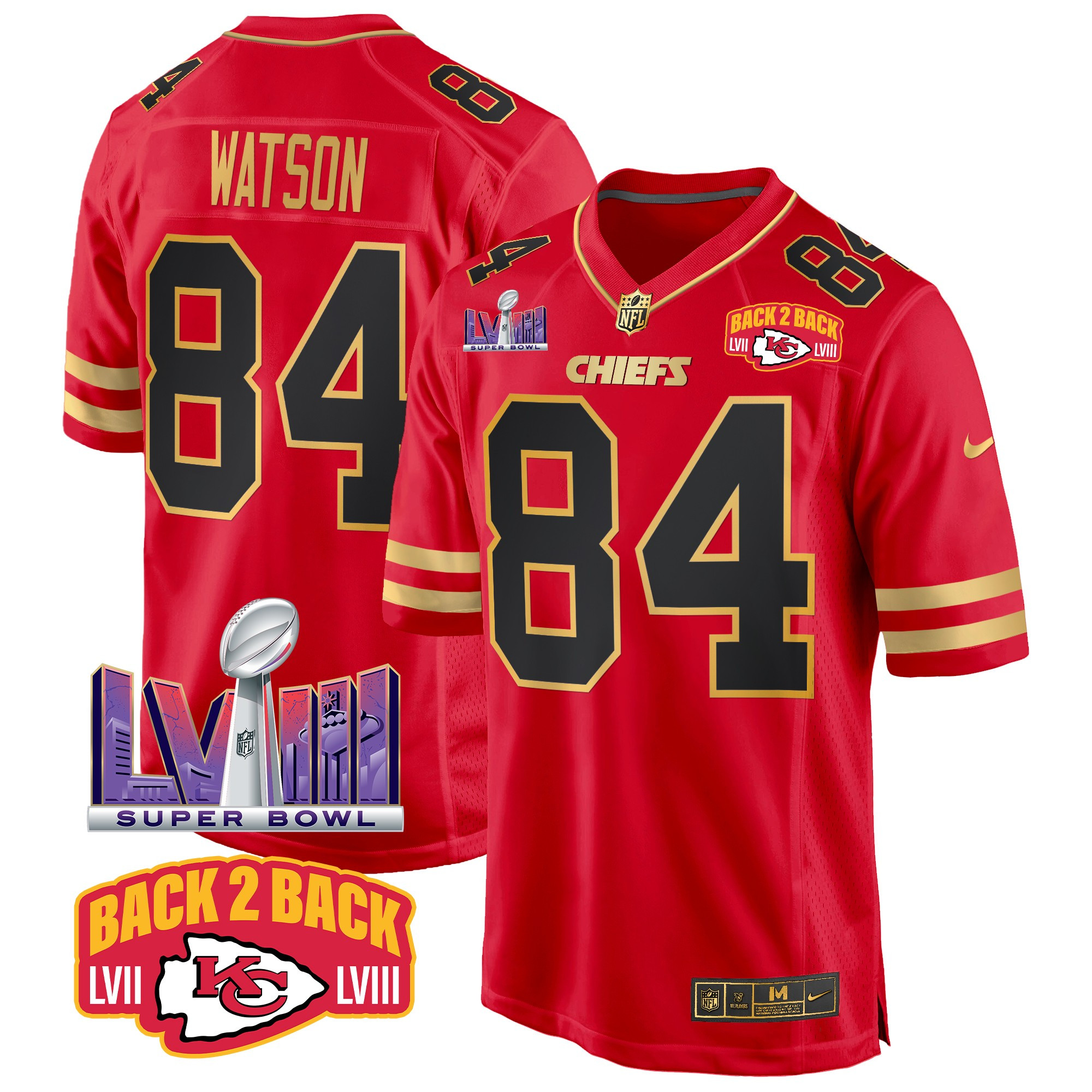 Men's Justin Watson Kansas City Chiefs Super Bowl LVIII & Back 2 Back Patch Game Black Red Jersey - All Stitched