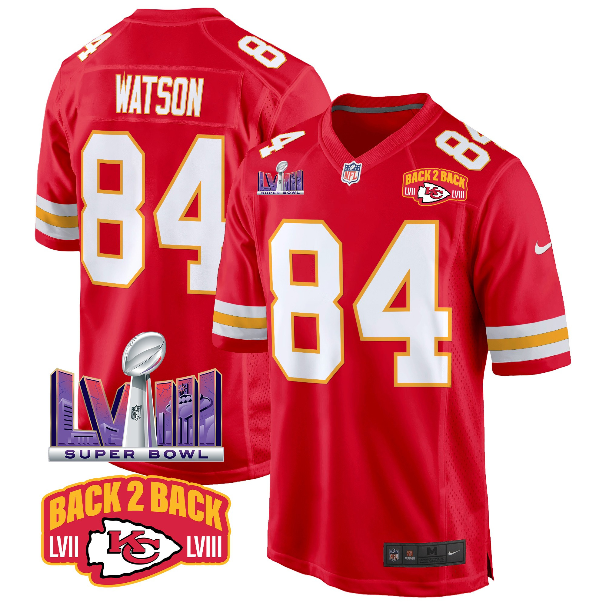 Men's Justin Watson Kansas City Chiefs Super Bowl LVIII & Back 2 Back Patch Game Red Jersey - All Stitched