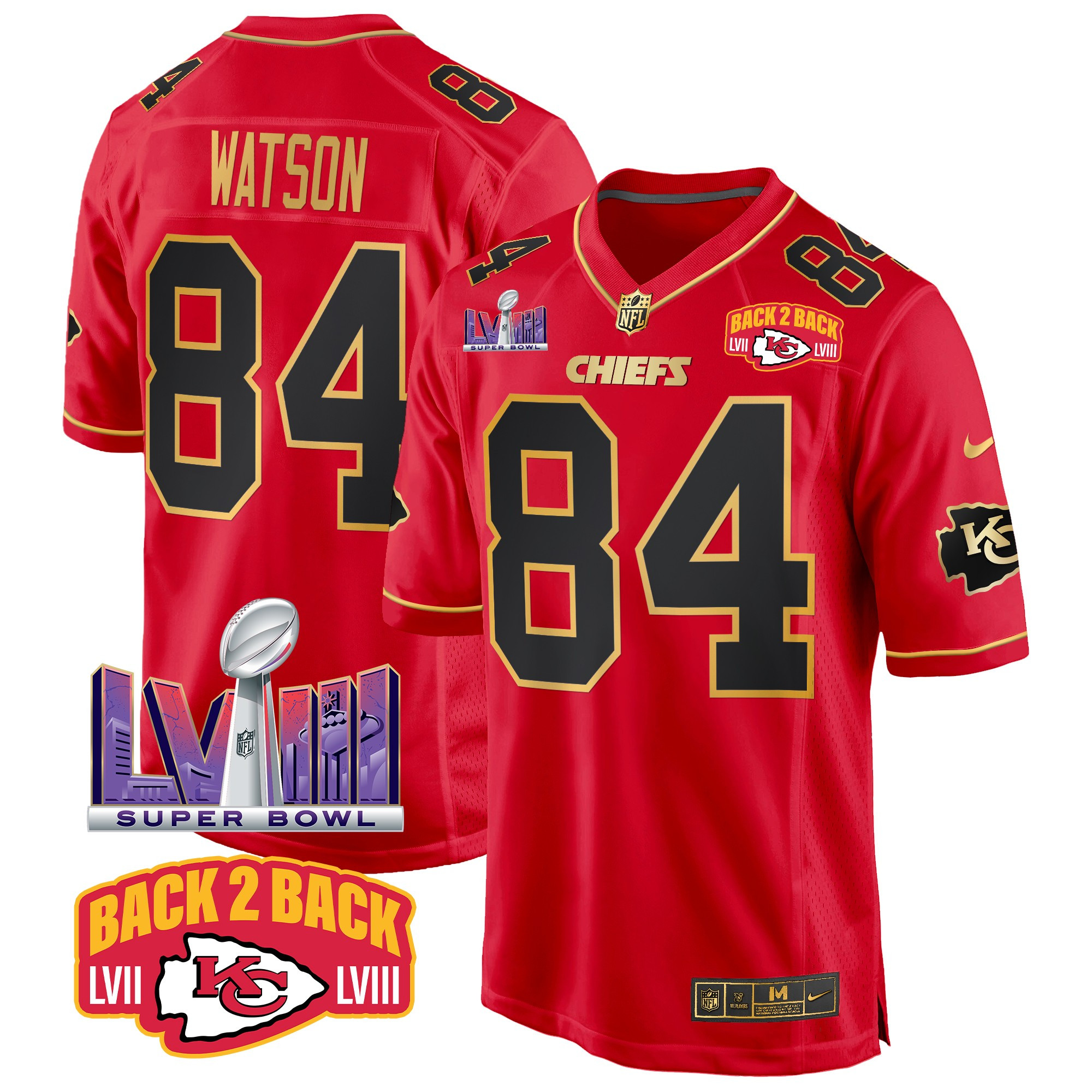 Men's Justin Watson Kansas City Chiefs Super Bowl LVIII & Back 2 Back Patch Game Red Special Jersey - All Stitched