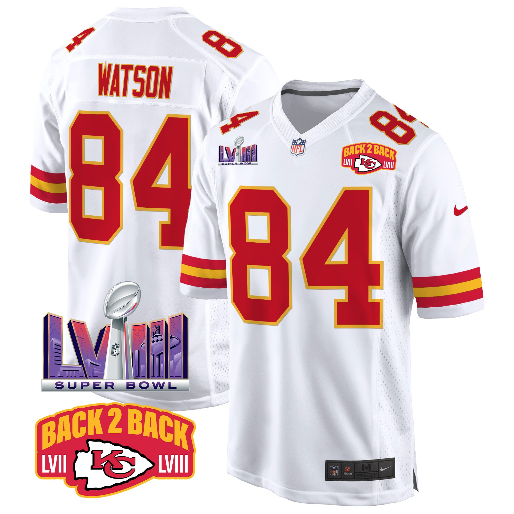 Men's Justin Watson Kansas City Chiefs Super Bowl LVIII & Back 2 Back Patch Game White Jersey - All Stitched