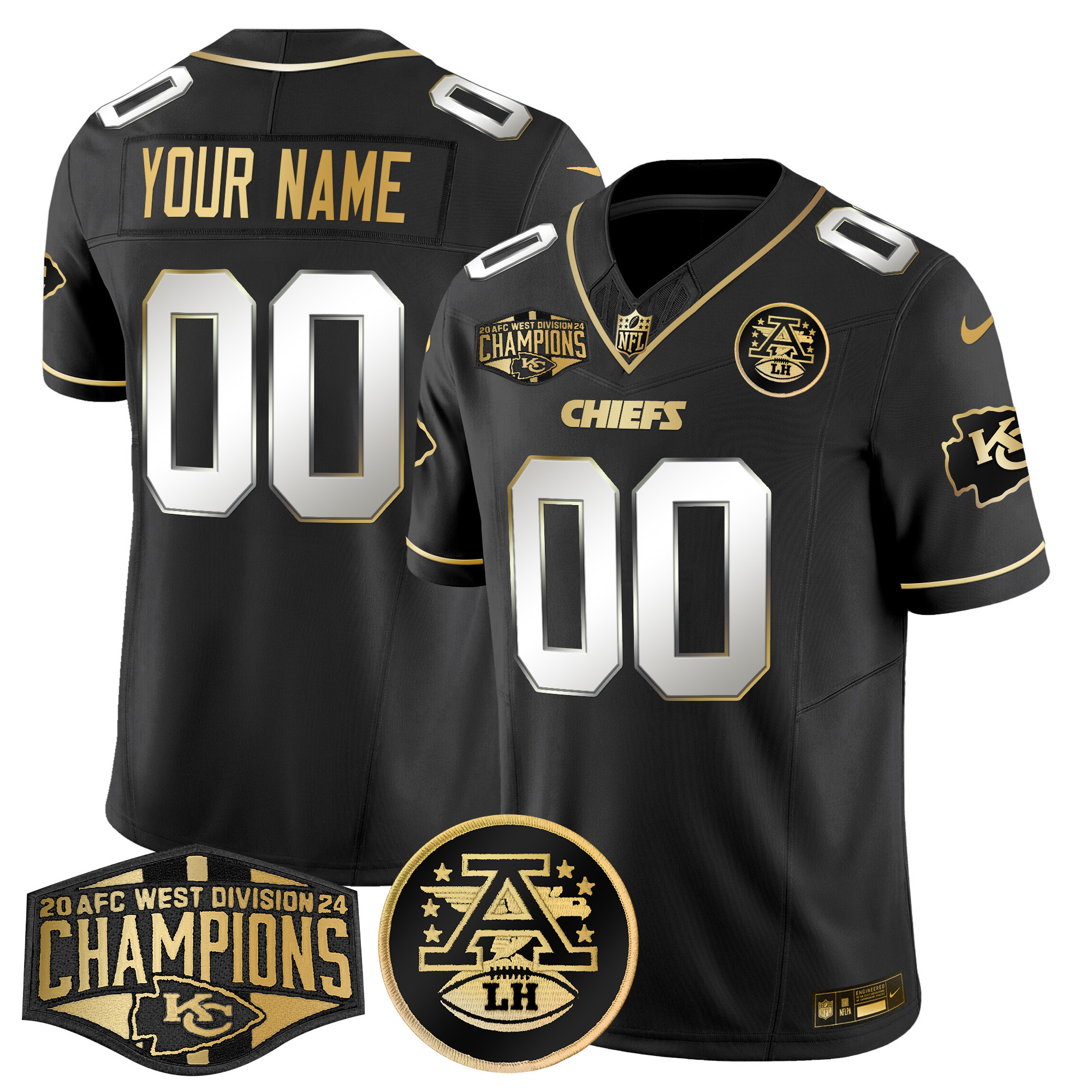 Men's Kansas City Chiefs 2024 AFC West Division Champions Patch Gold Vapor Limited Custom Black Limited Jersey - All Stitched