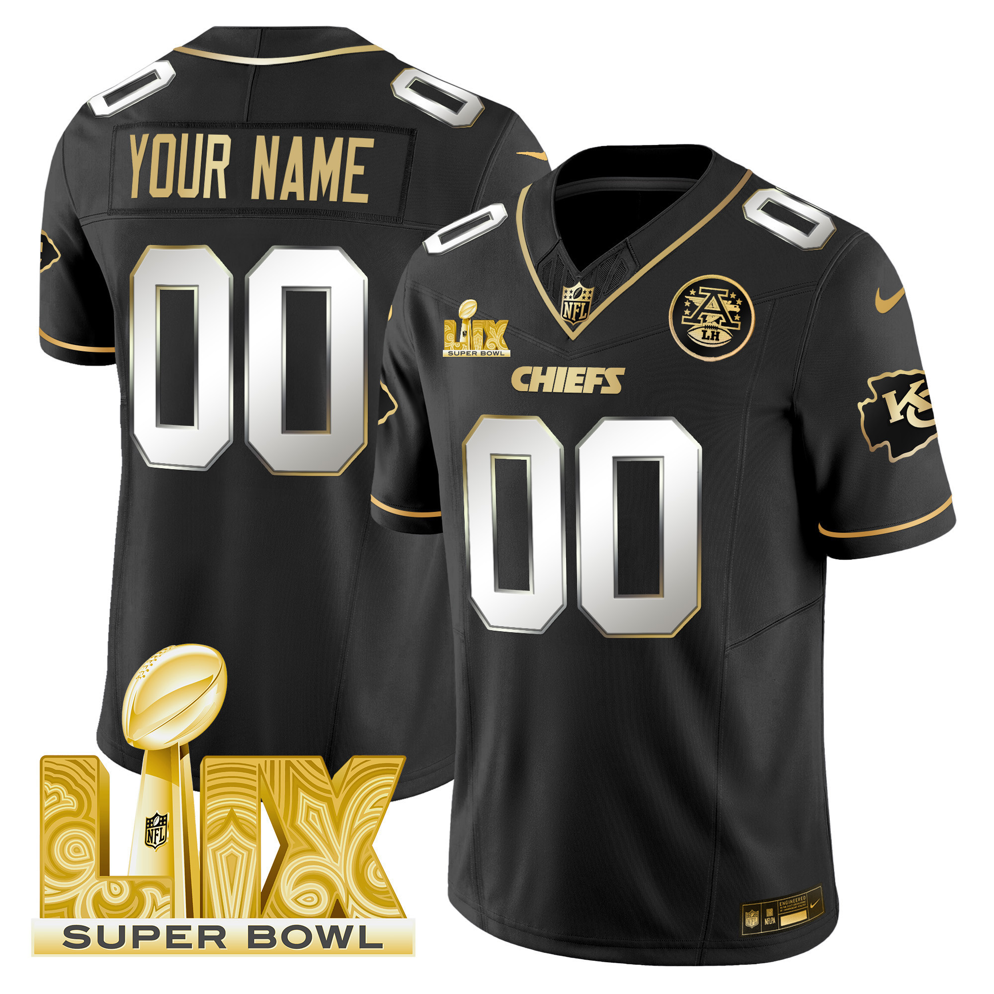 Men's Kansas City Chiefs Super Bowl LIX Patch Gold Vapor Limited Custom Black Limited Jersey - All Stitched