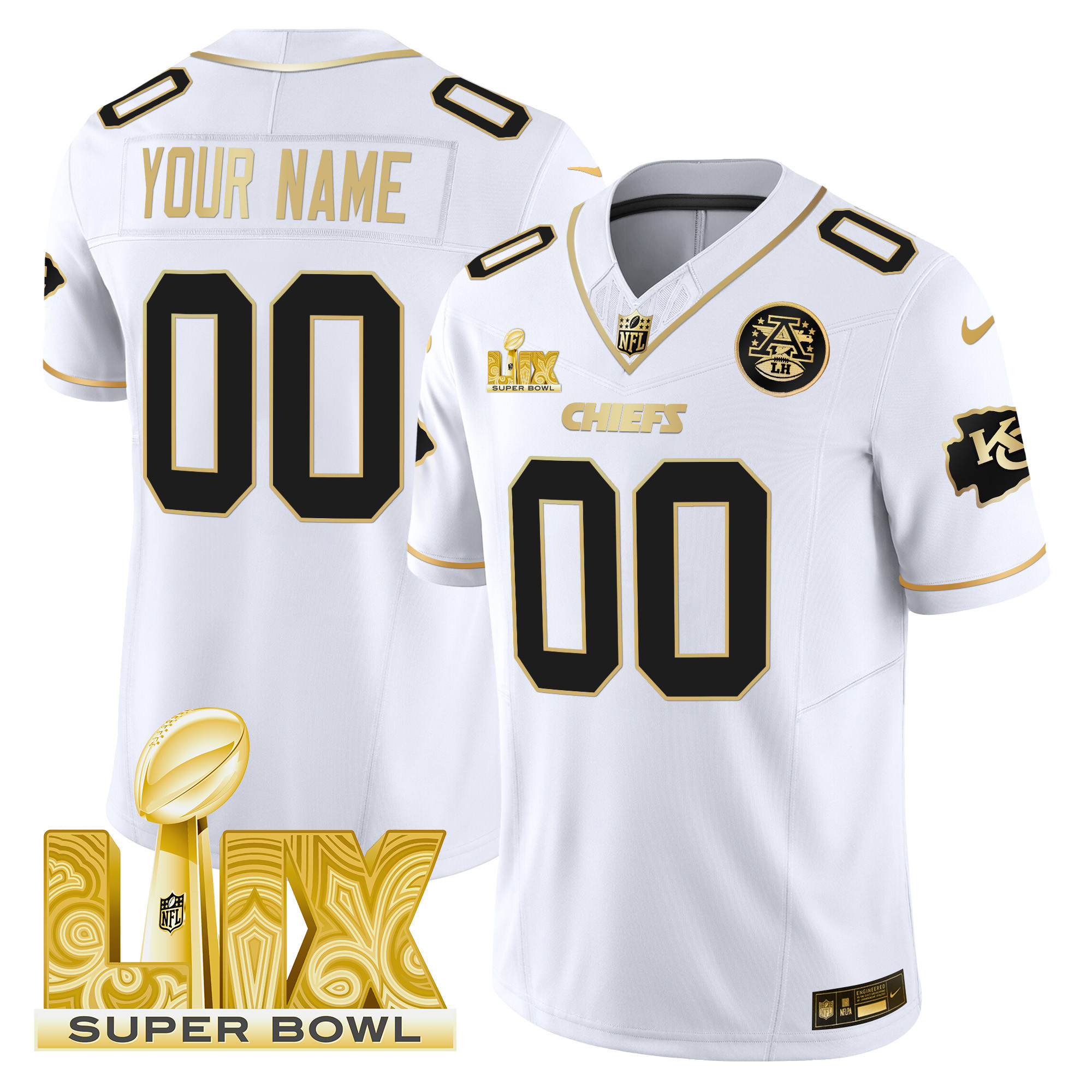 Men's Kansas City Chiefs Super Bowl LIX Patch Gold Vapor Limited Custom White Gold Jersey - All Stitched