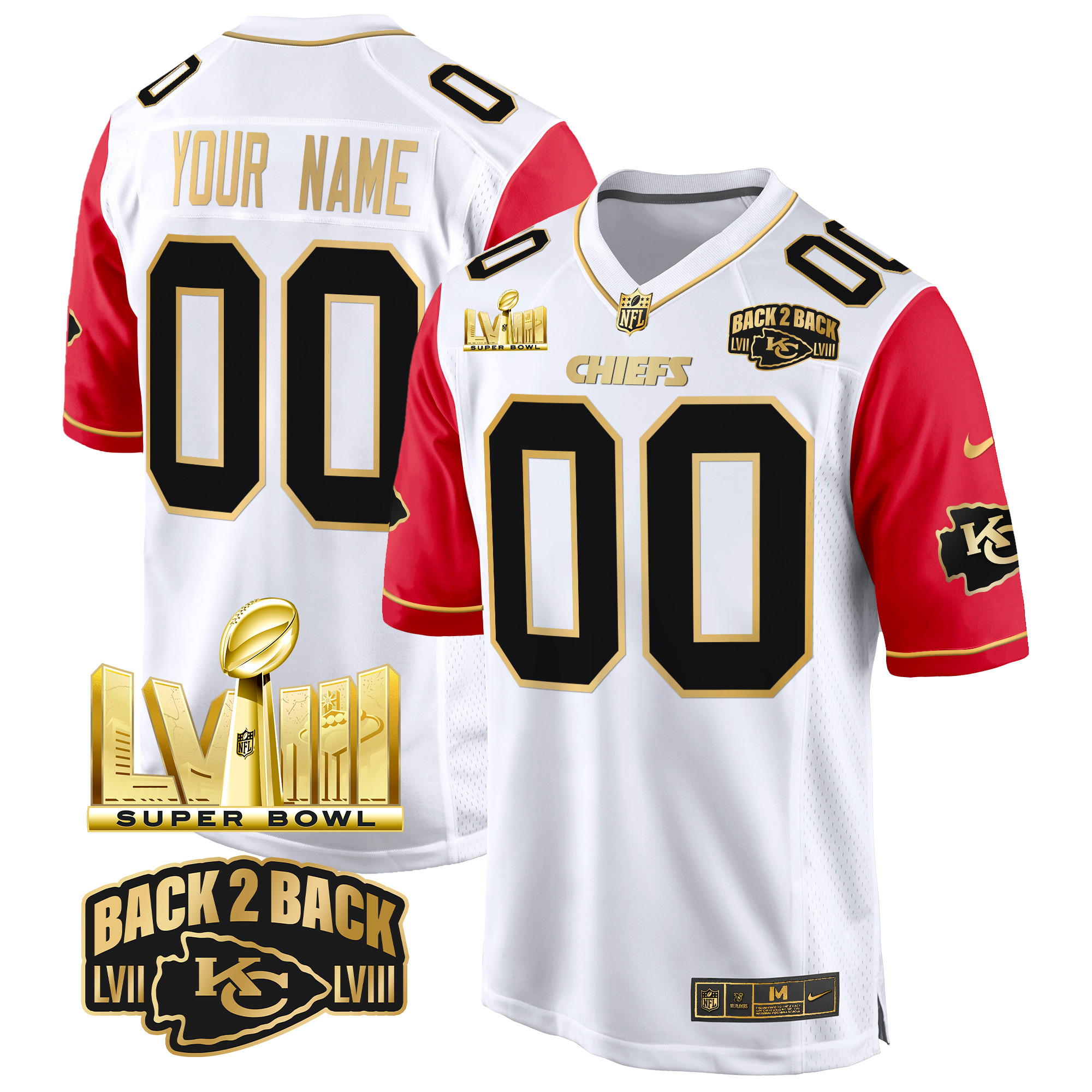 Men's Kansas City Chiefs Super Bowl LVIII & Back 2 Back Gold Game Custom Color Sleeves Jersey - All Stitched