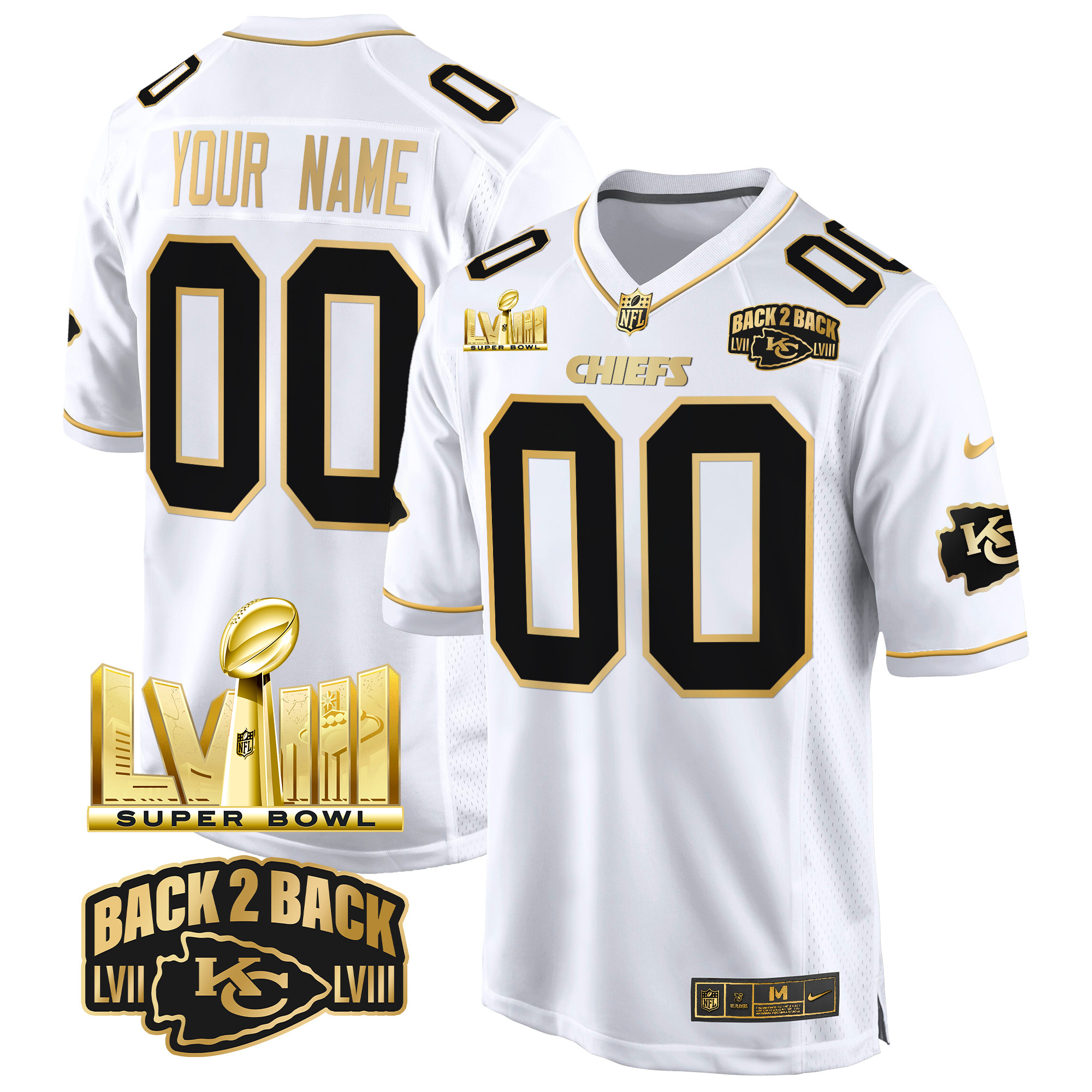Men's Kansas City Chiefs Super Bowl LVIII & Back 2 Back Gold Game Custom White Gold Jersey - All Stitched
