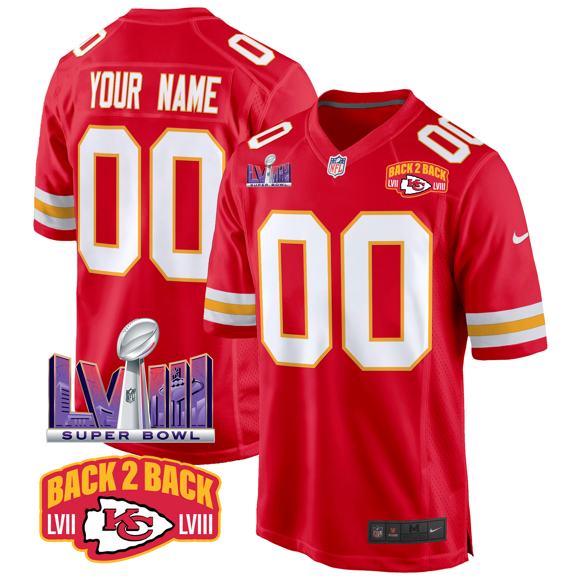 Men's Kansas City Chiefs Super Bowl LVIII & Back 2 Back Patch Game Custom Red Jersey - All Stitched