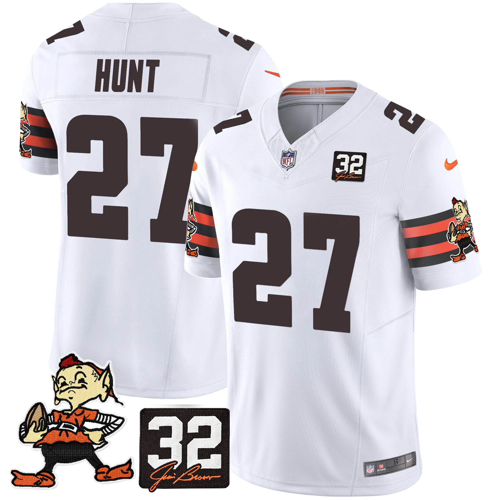 Men's Kareem Hunt Cleveland Browns #32 Jim Brown Memorial Patch Vapor Limited White Jersey V2 - All Stitched