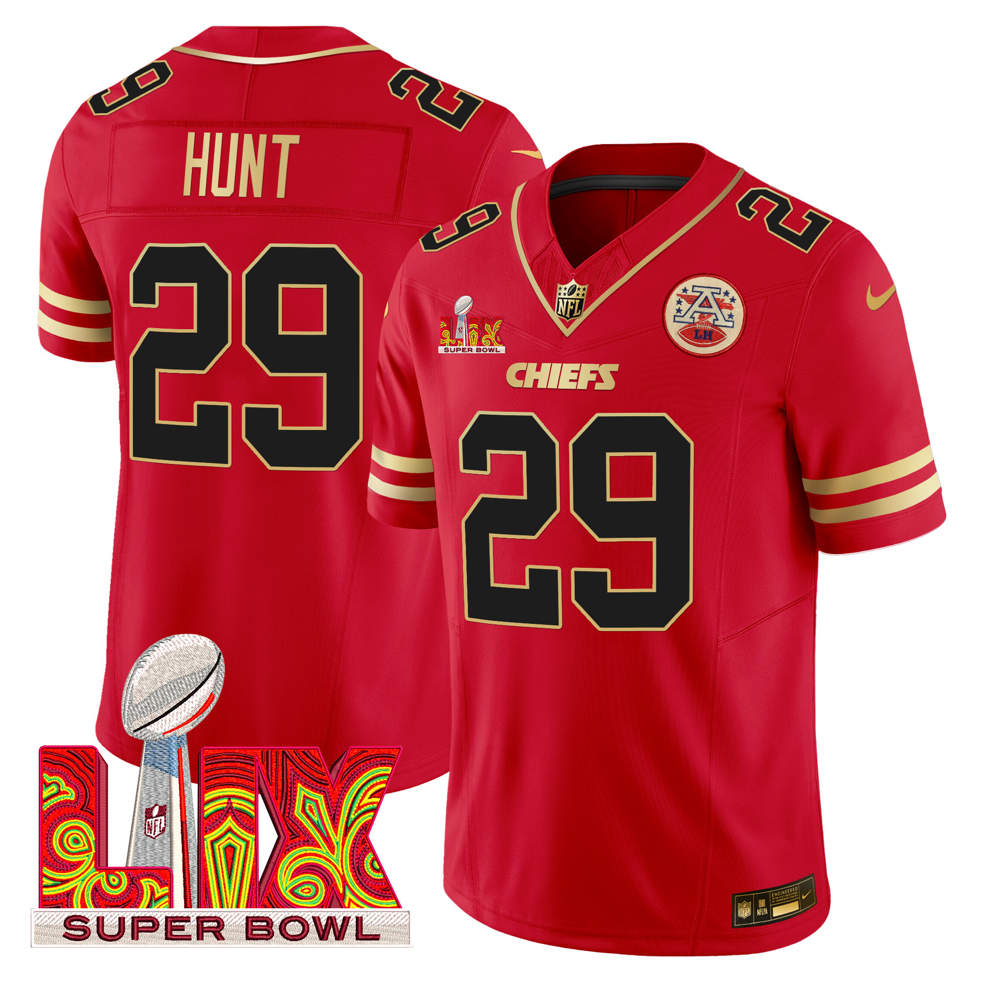 Men's Kareem Hunt Kansas City Chiefs Super Bowl LIX Patch Gold Trim Vapor Limited Red Jersey - All Stitched