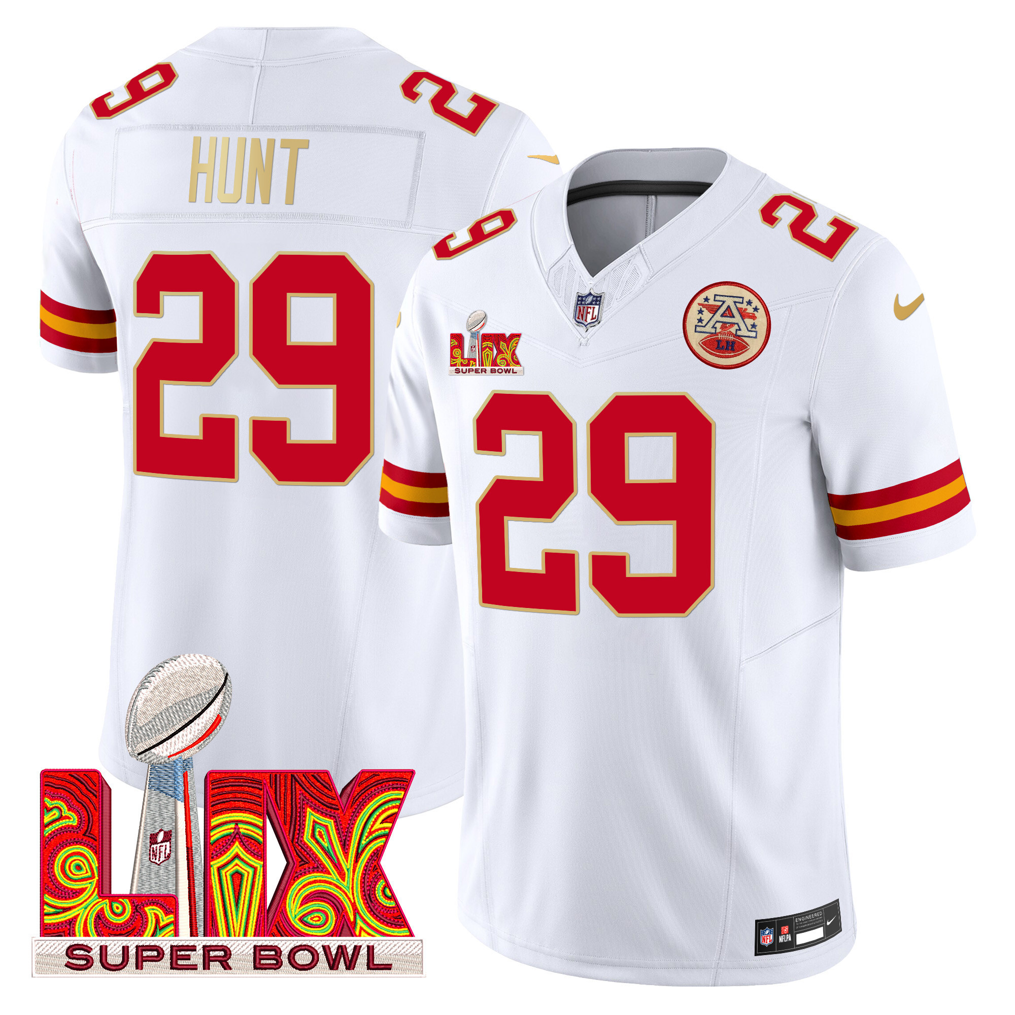 Men's Kareem Hunt Kansas City Chiefs Super Bowl LIX Patch Gold Trim Vapor Limited White Jersey - All Stitched