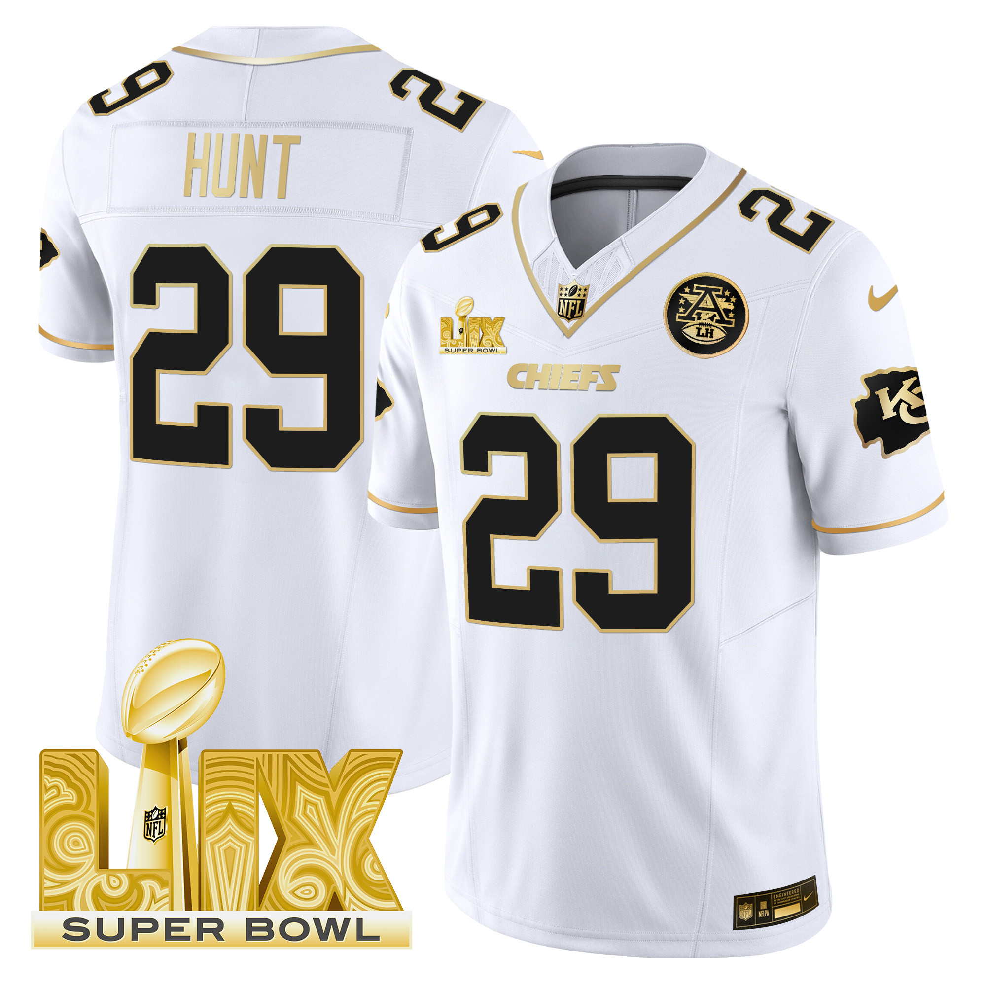 Men's Kareem Hunt Kansas City Chiefs Super Bowl LIX Patch Gold Vapor Limited White Gold Jersey - All Stitched
