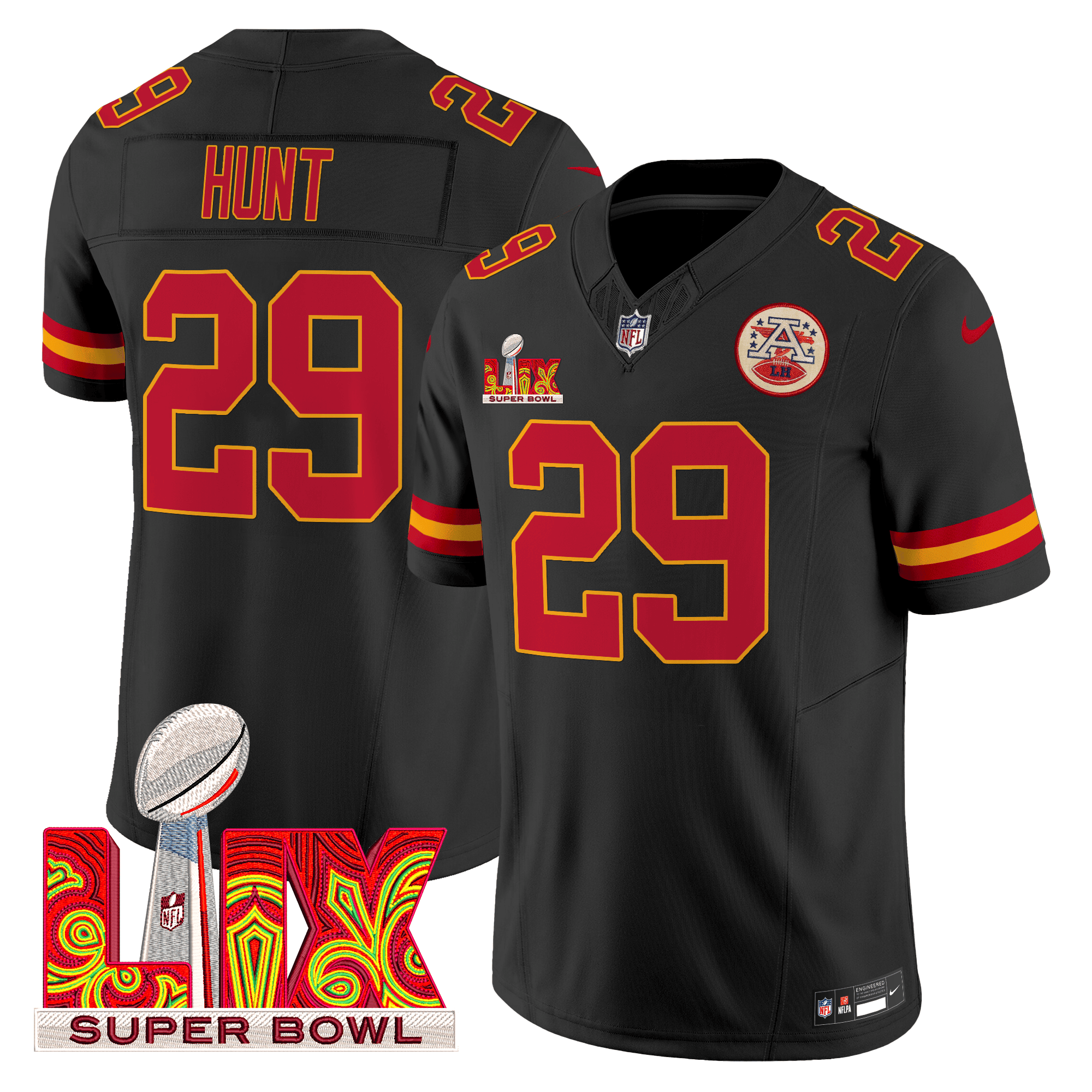 Men's Kareem Hunt Kansas City Chiefs Super Bowl LIX Patch Vapor Limited Black Jersey - All Stitched