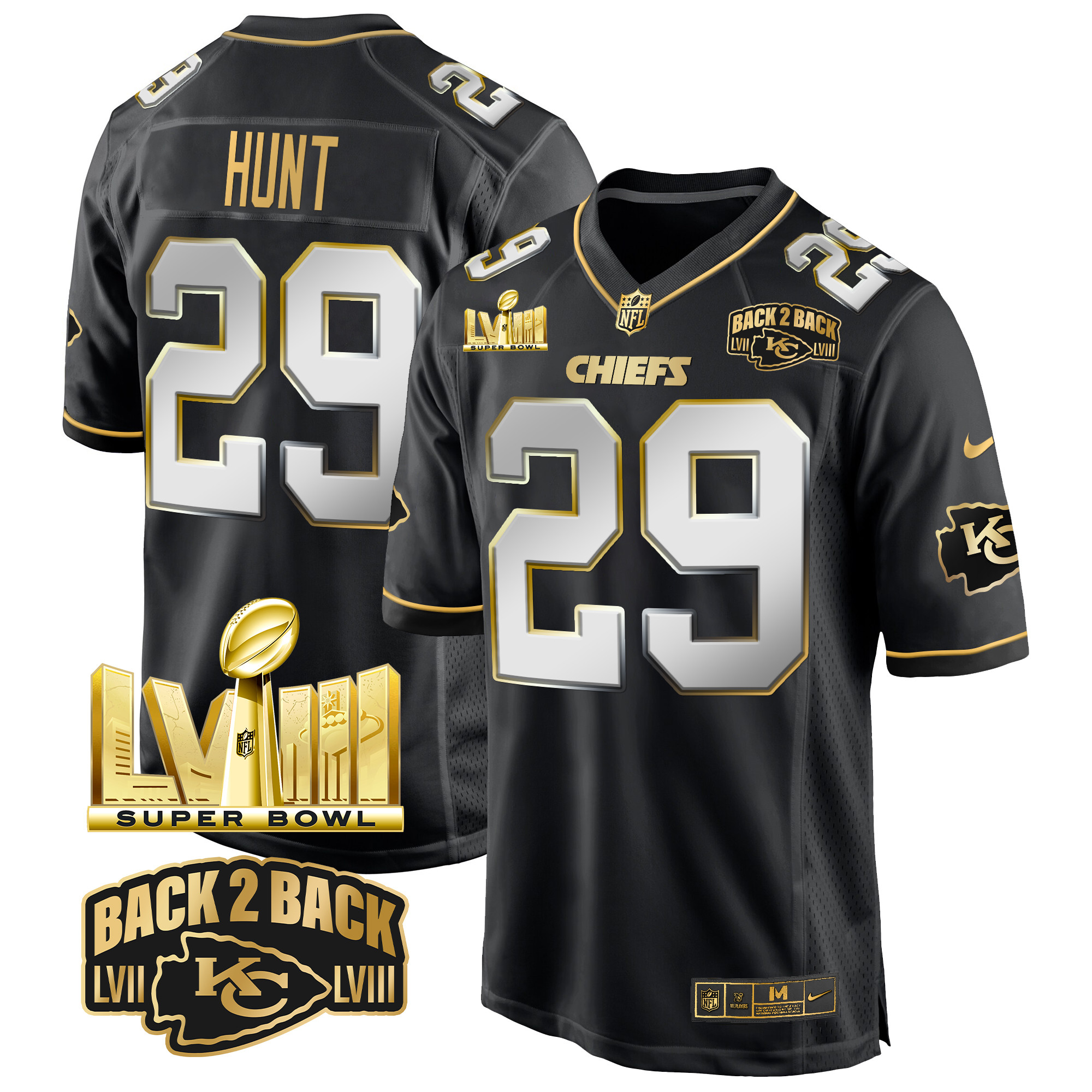 Men's Kareem Hunt Kansas City Chiefs Super Bowl LVIII & Back 2 Back Gold Game Black Limited Jersey - All Stitched