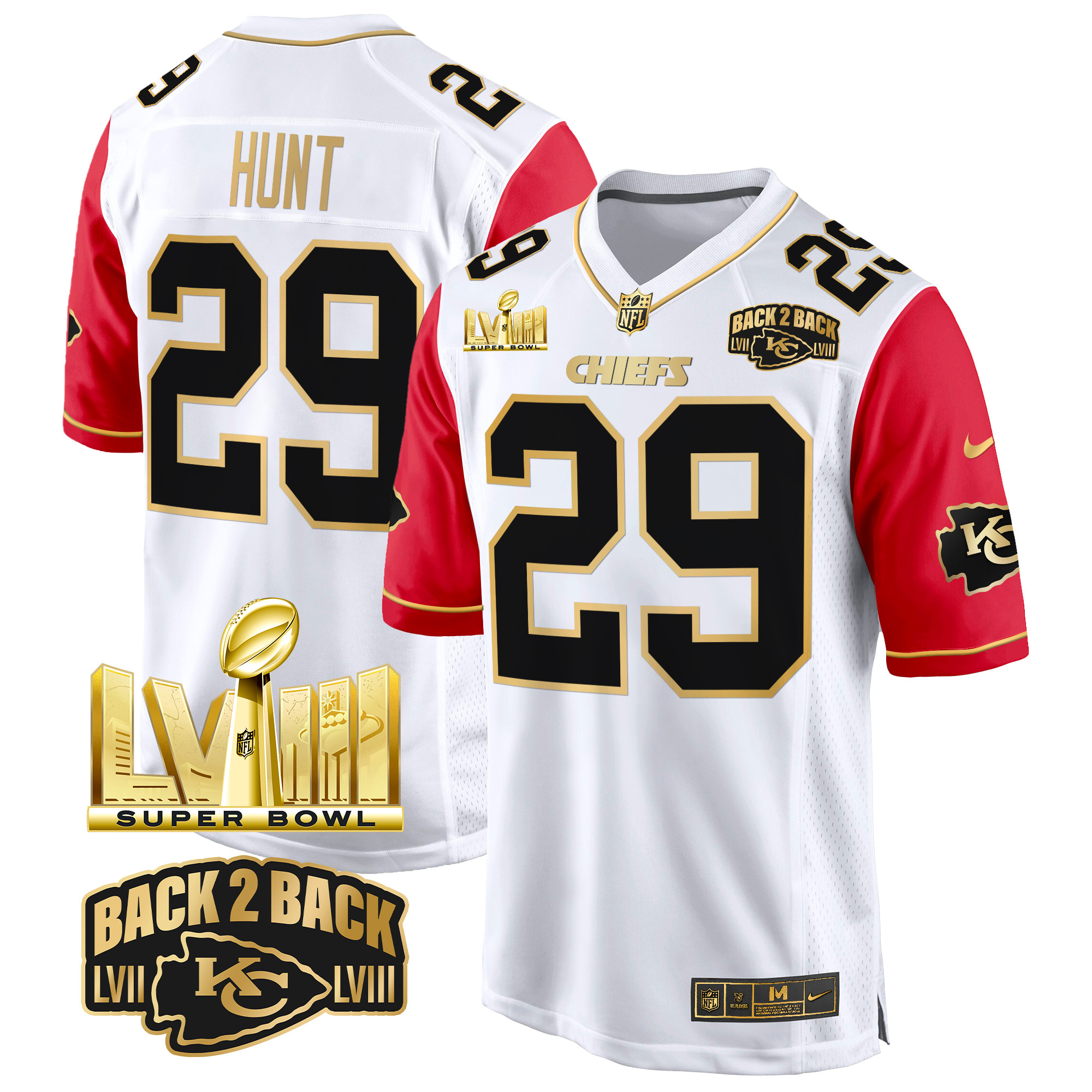 Men's Kareem Hunt Kansas City Chiefs Super Bowl LVIII & Back 2 Back Gold Game Color Sleeves Jersey - All Stitched