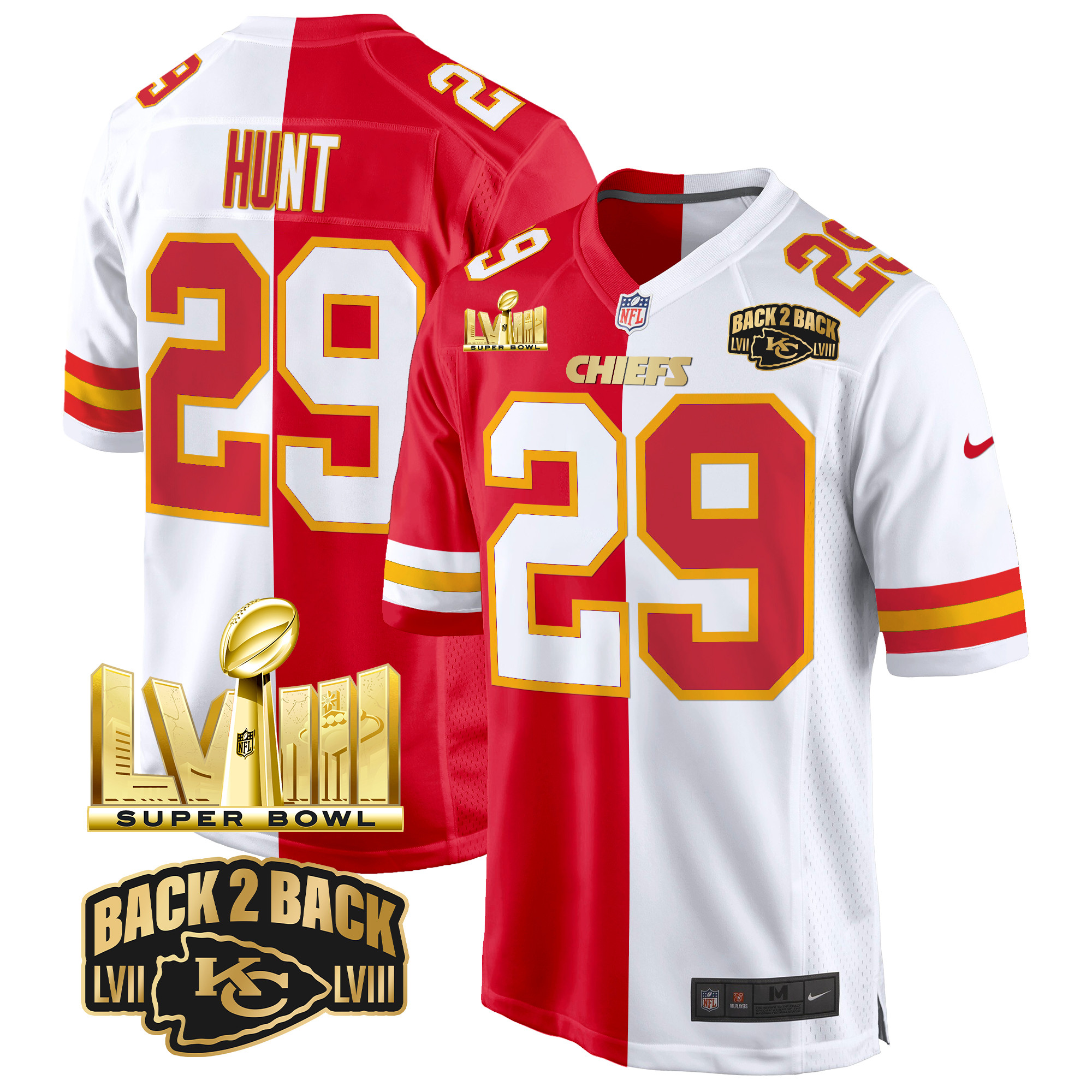 Men's Kareem Hunt Kansas City Chiefs Super Bowl LVIII & Back 2 Back Gold Game Split Jersey - All Stitched