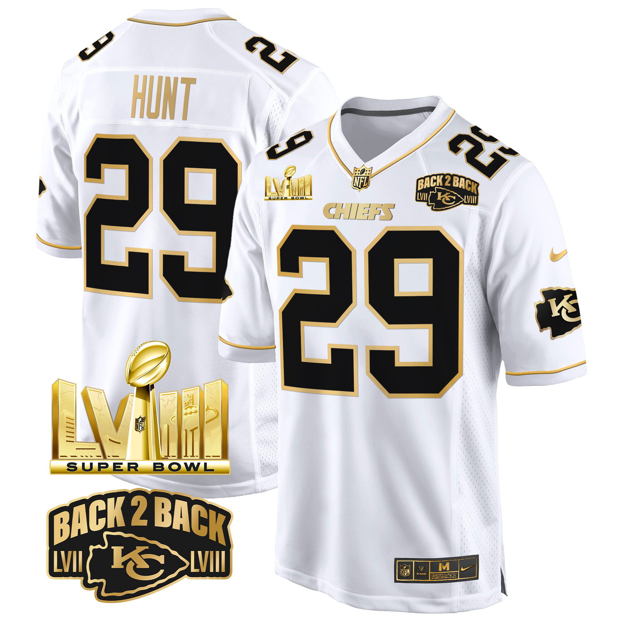 Men's Kareem Hunt Kansas City Chiefs Super Bowl LVIII & Back 2 Back Gold Game White Gold Jersey - All Stitched