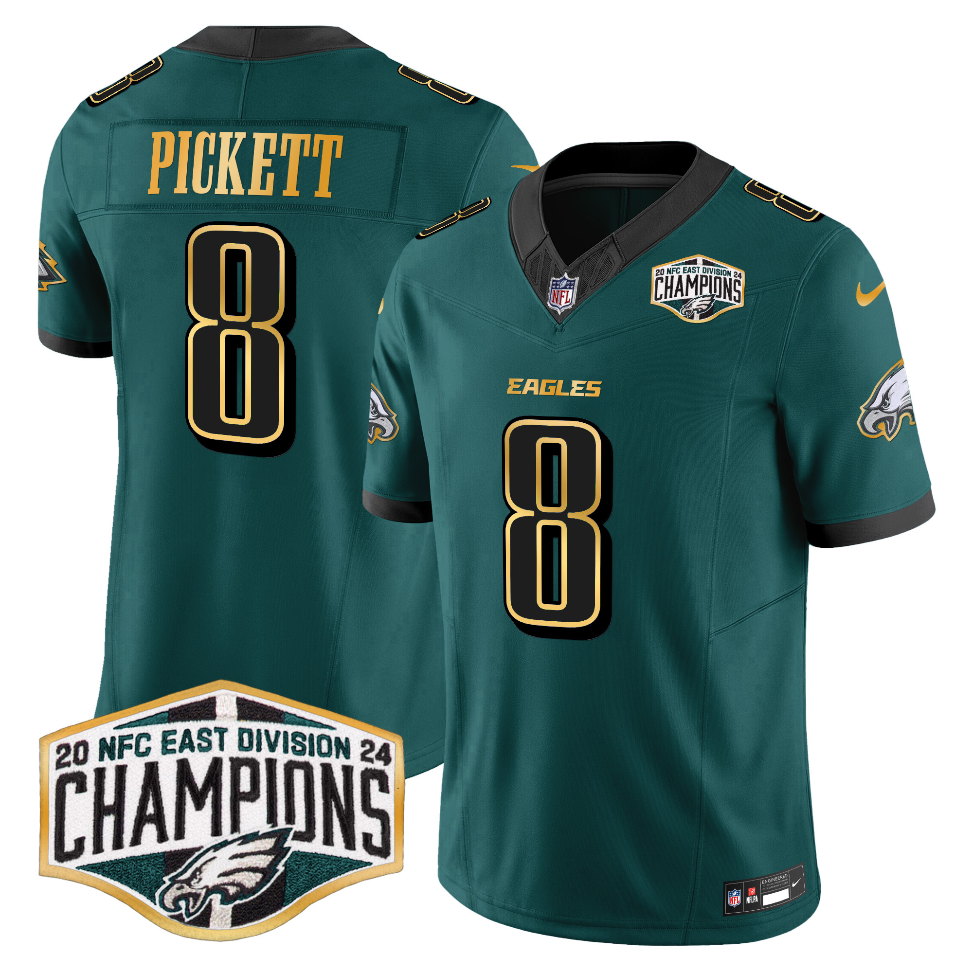 Men's Kenny Pickett Philadelphia Eagles 2024 NFC East Division Champions Gold Trim Vapor Limited Midnight Green Jersey - All Stitched