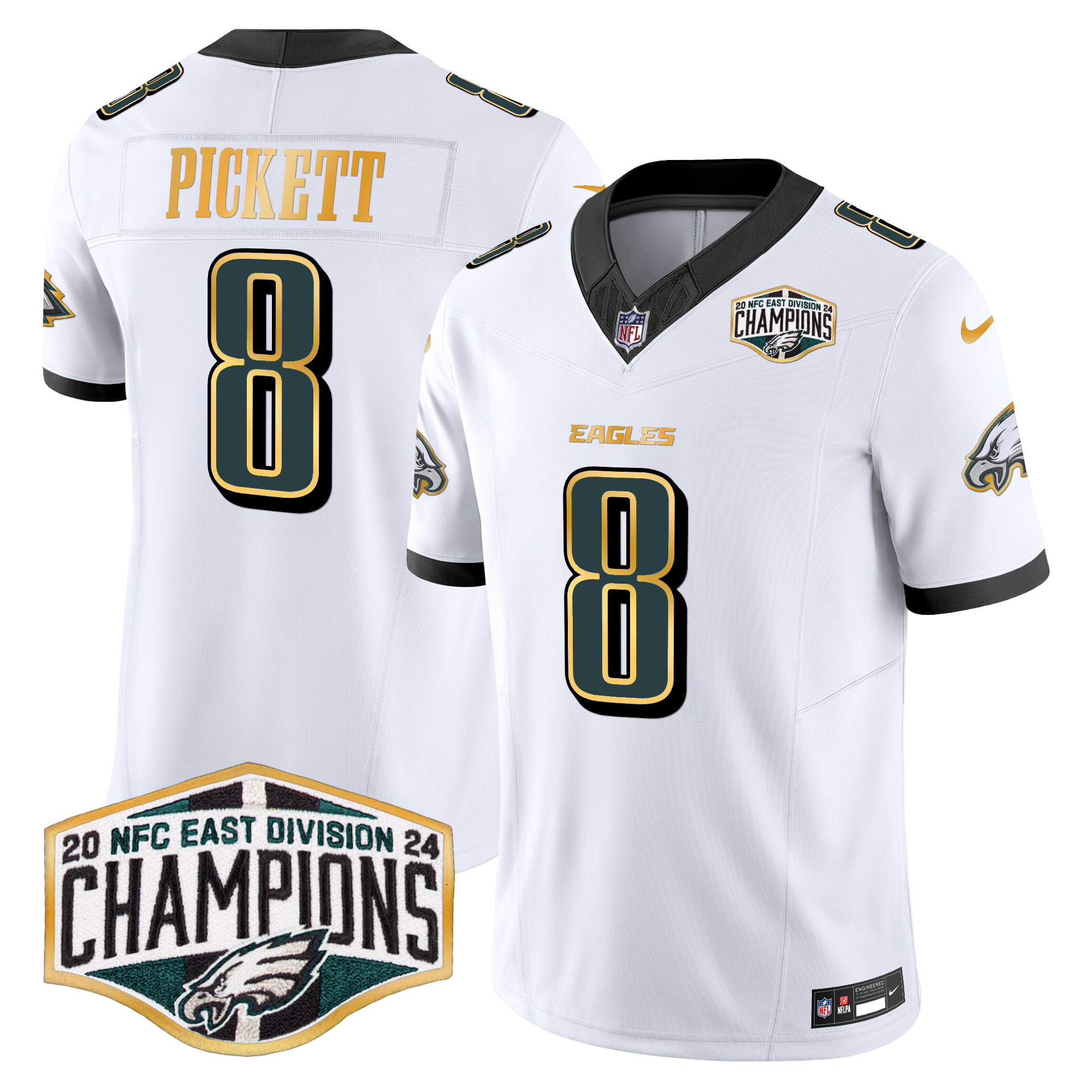 Men's Kenny Pickett Philadelphia Eagles 2024 NFC East Division Champions Gold Trim Vapor Limited White Jersey - All Stitched