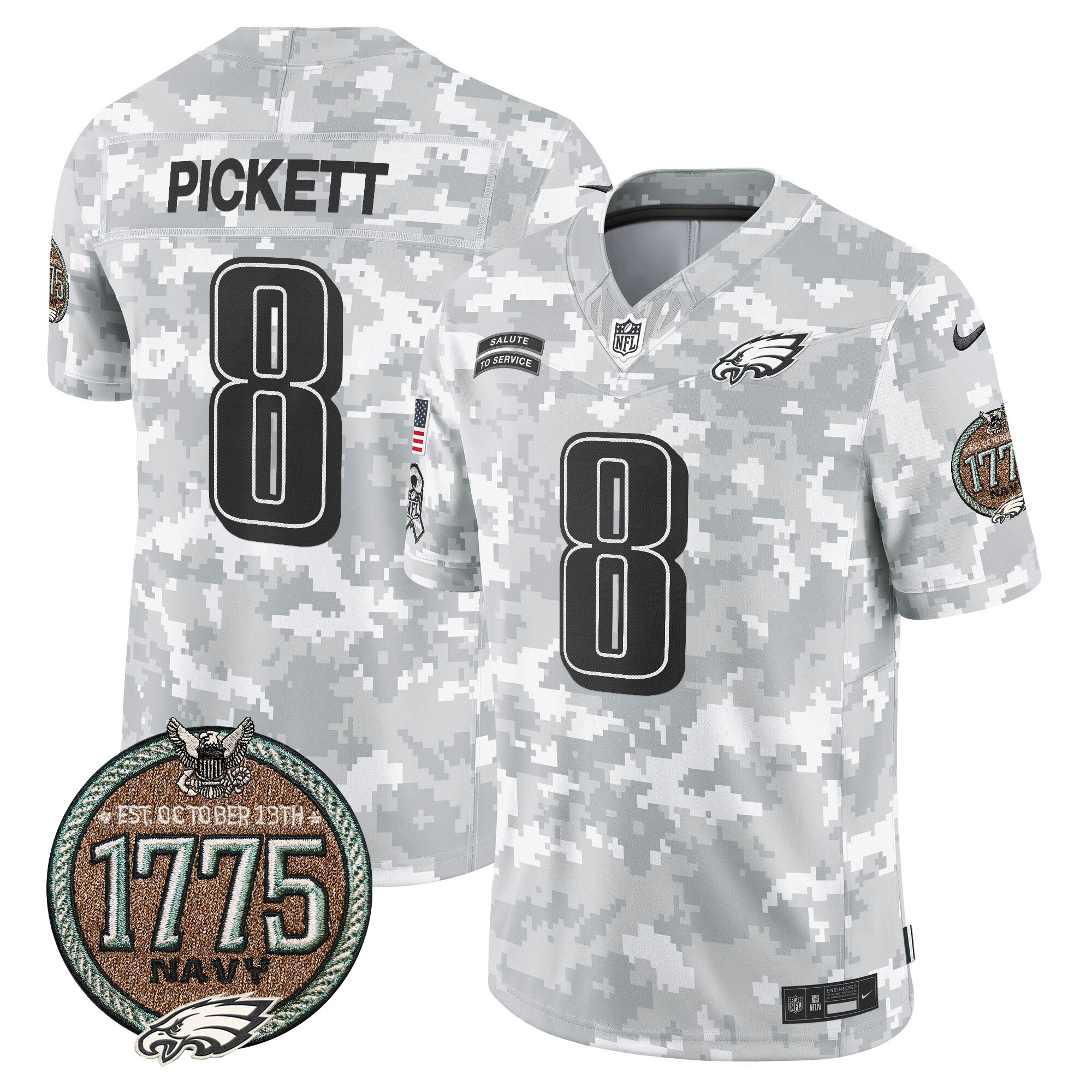 Men's Kenny Pickett Philadelphia Eagles 2024 Salute to Service Establishment Year Patch Vapor Limited Navy Jersey - All Stitched