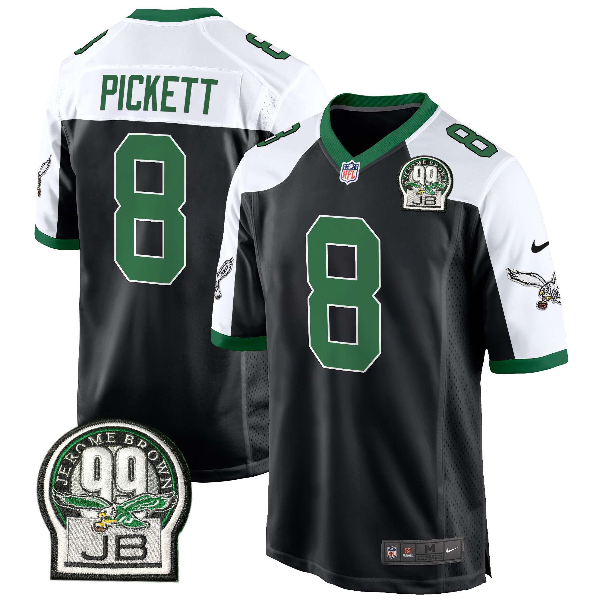 Men's Kenny Pickett Philadelphia Eagles Jerome Brown Patch Kelly Green Game Black Alternate Jersey - All Stitched