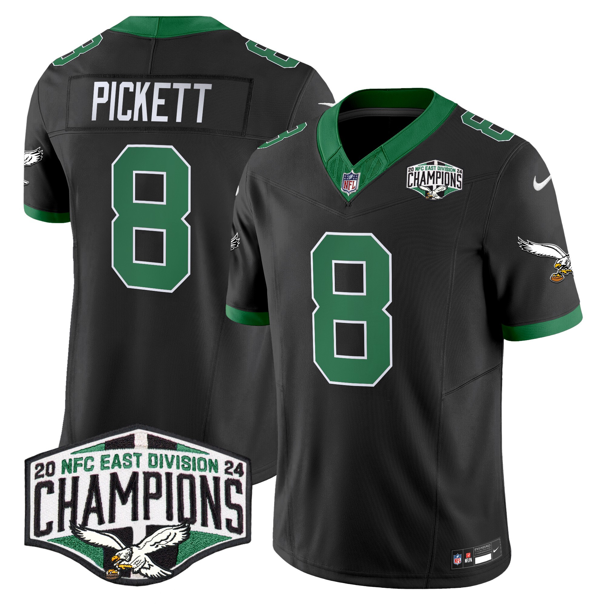 Men's Kenny Pickett Philadelphia Eagles Kelly Green 2024 NFC East Division Champions Vapor Limited Black Jersey - All Stitched