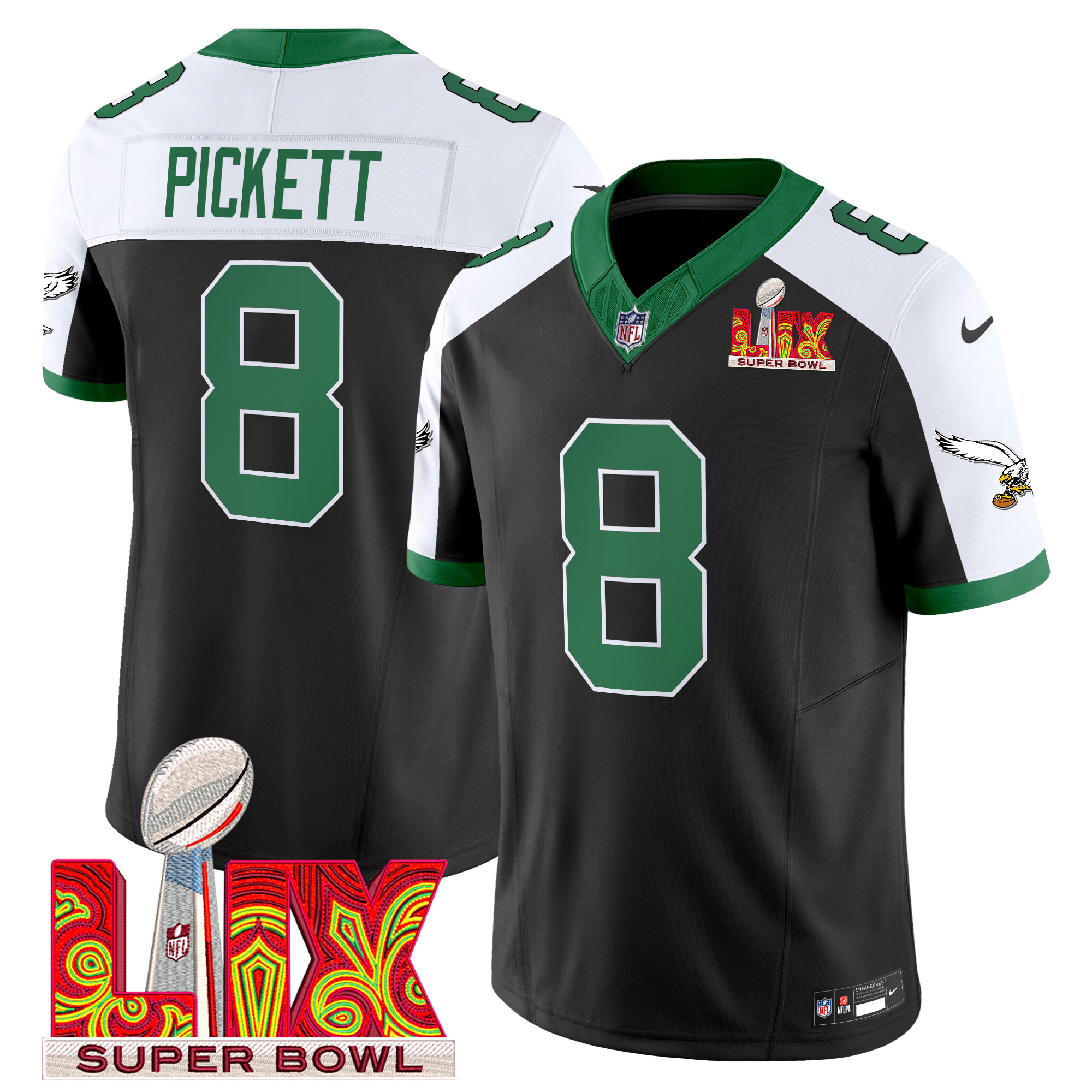 Men's Kenny Pickett Philadelphia Eagles Kelly Green Super Bowl LIX Patch Vapor Limited Black Alternate Jersey - All Stitched
