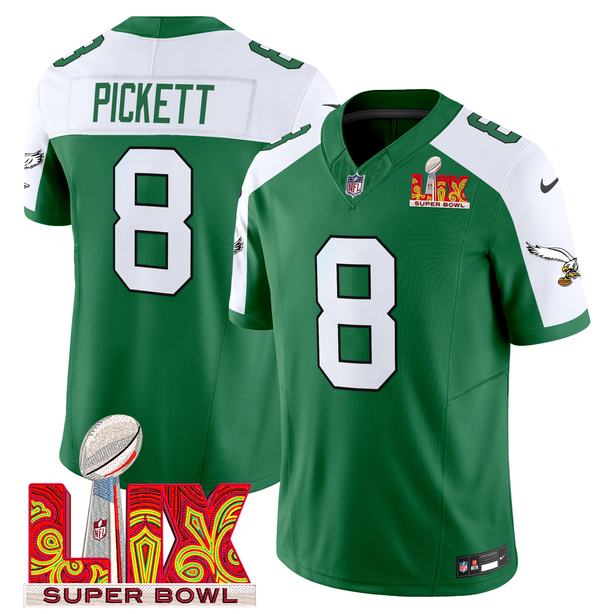 Men's Kenny Pickett Philadelphia Eagles Kelly Green Super Bowl LIX Patch Vapor Limited Kelly Alternate Jersey - All Stitched