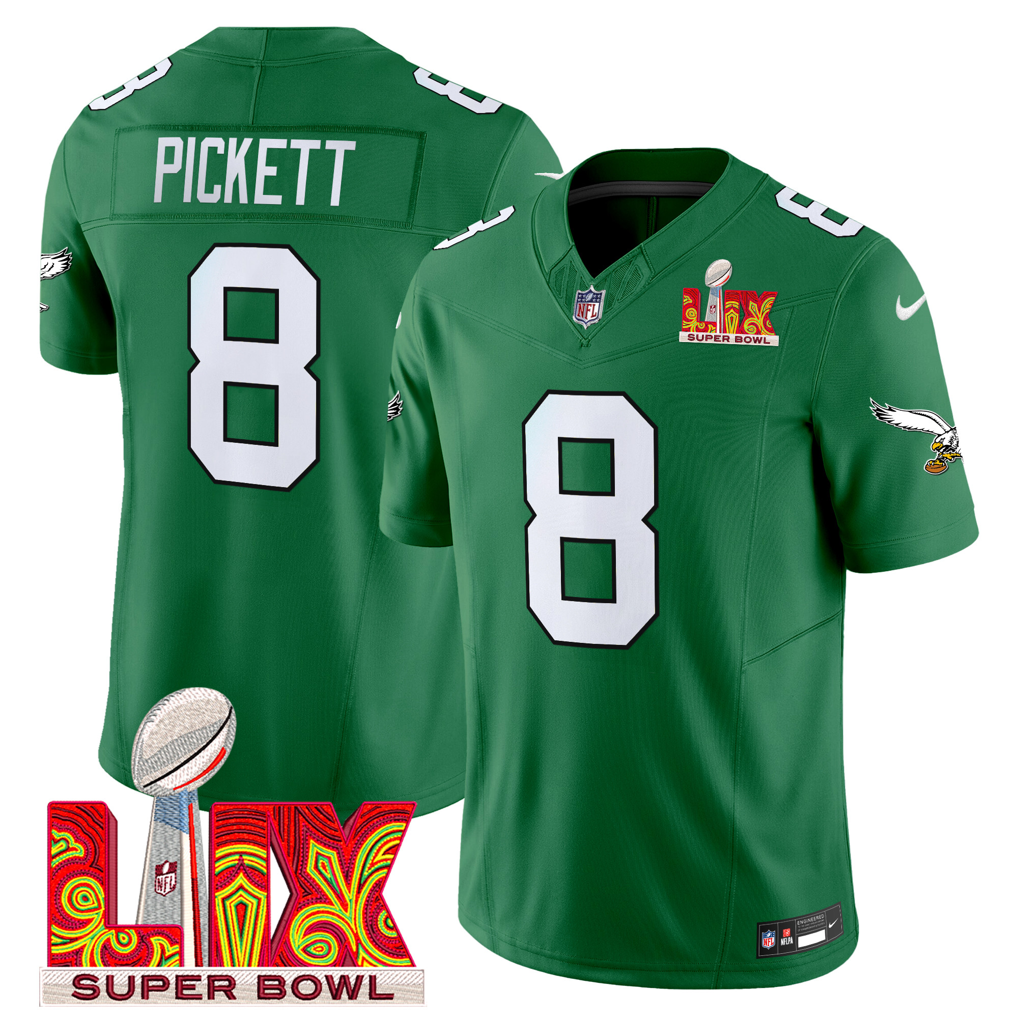 Men's Kenny Pickett Philadelphia Eagles Kelly Green Super Bowl LIX Patch Vapor Limited Kelly Green Jersey - All Stitched