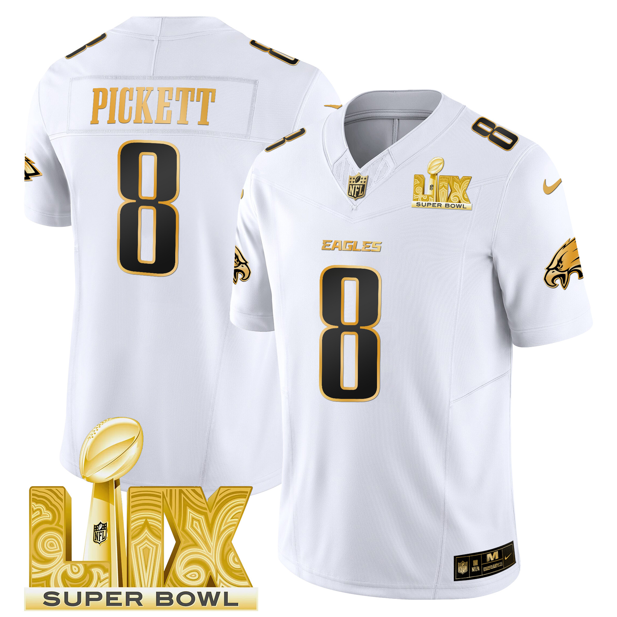 Men's Kenny Pickett Philadelphia Eagles Super Bowl LIX Patch Gold Vapor Limited White Gold Jersey - All Stitched