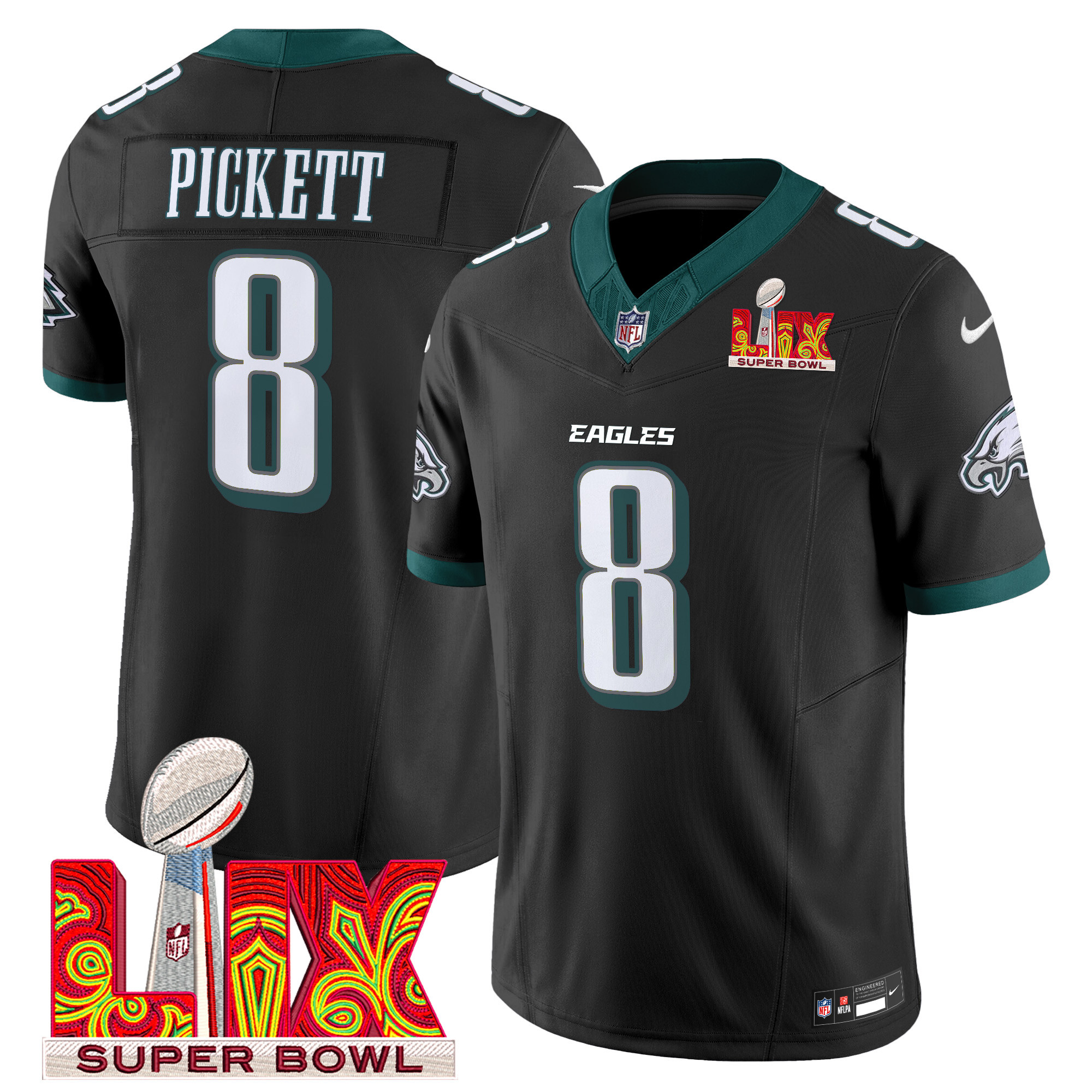 Men's Kenny Pickett Philadelphia Eagles Super Bowl LIX Patch Vapor Limited Black Jersey - All Stitched