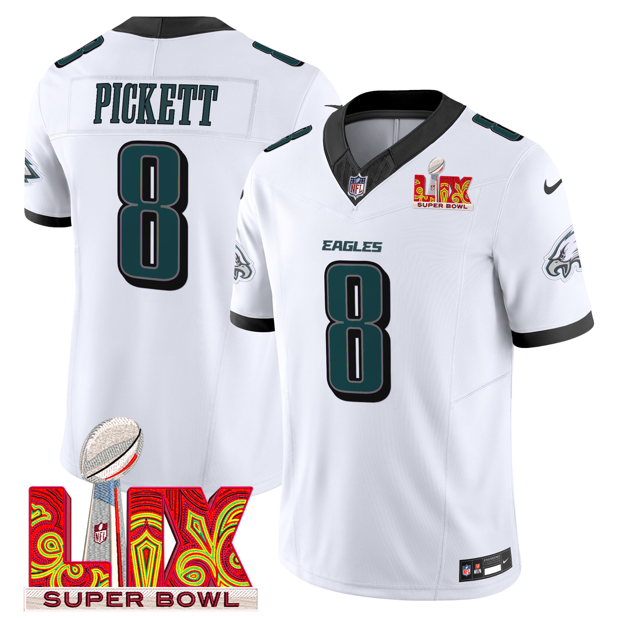 Men's Kenny Pickett Philadelphia Eagles Super Bowl LIX Patch Vapor Limited White Jersey - All Stitched