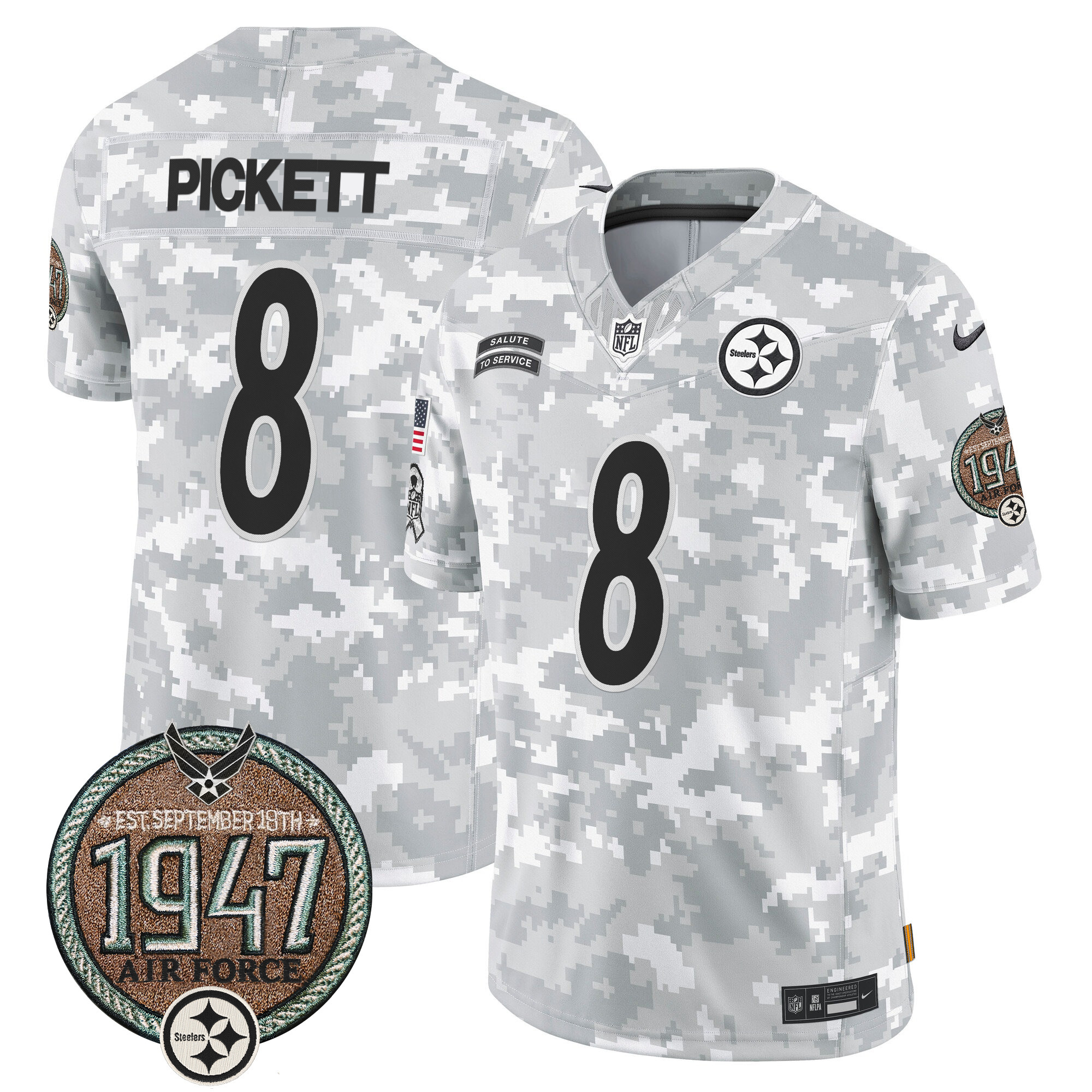 Men's Kenny Pickett Pittsburgh Steelers 2024 Salute to Service Establishment Year Patch Vapor Limited Air Force Jersey - All Stitched