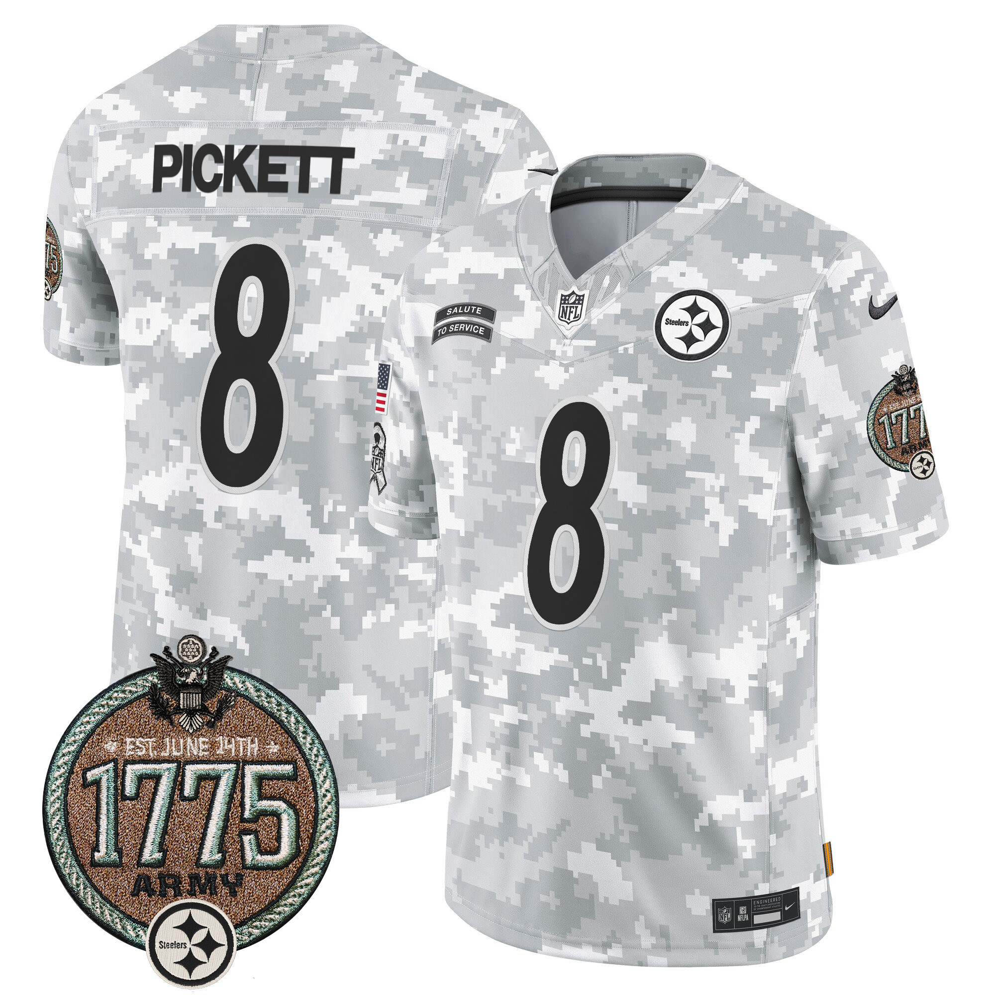 Men's Kenny Pickett Pittsburgh Steelers 2024 Salute to Service Establishment Year Patch Vapor Limited Army Jersey - All Stitched